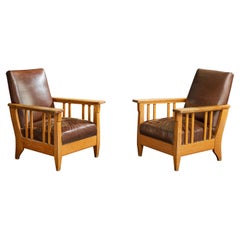 Swedish Designer, Lounge Chairs, Oak, Leather, Sweden, 1910s