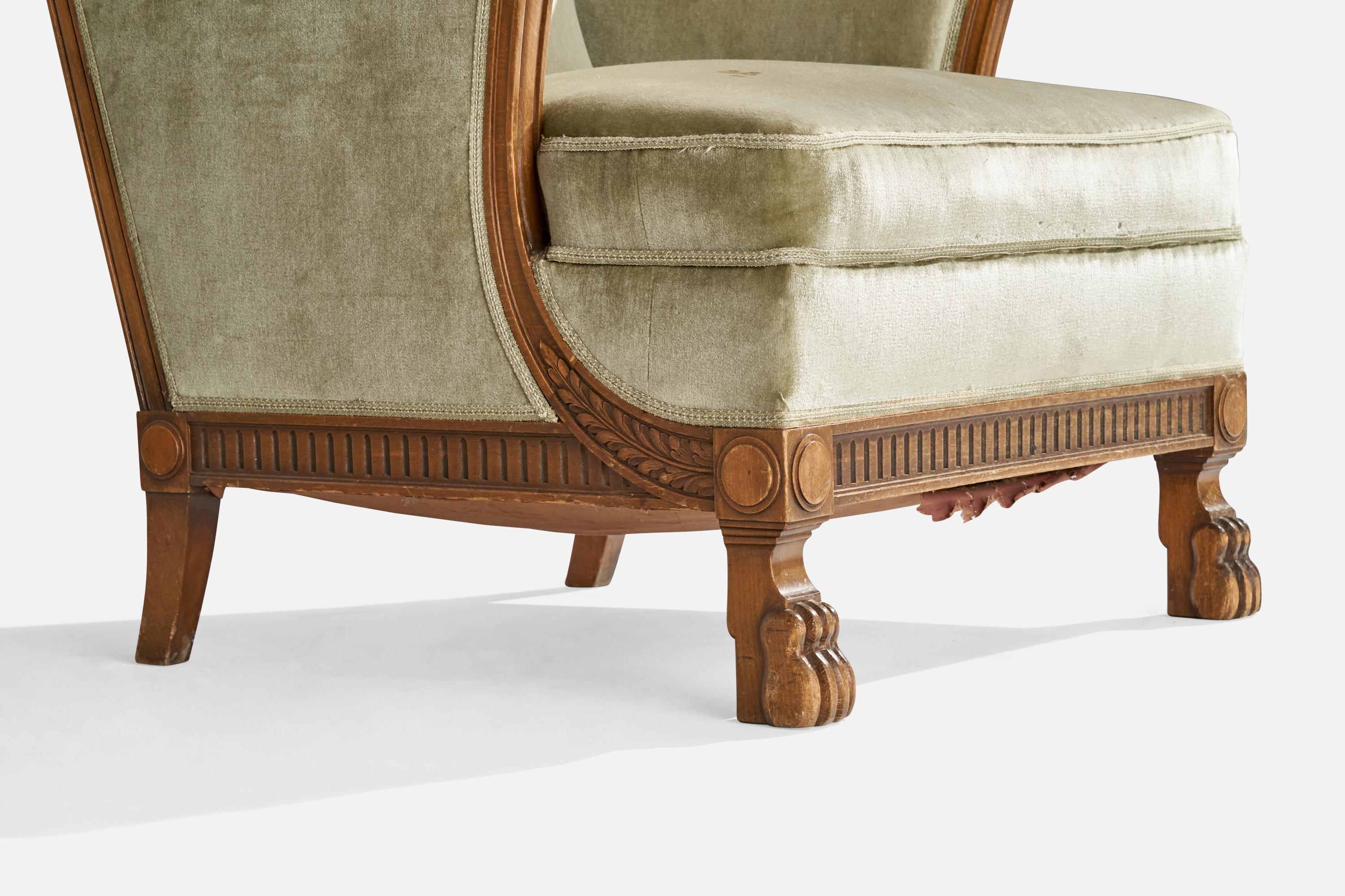 Swedish Designer, Lounge Chairs, Oak, Velvet, Sweden, 1930s For Sale 5