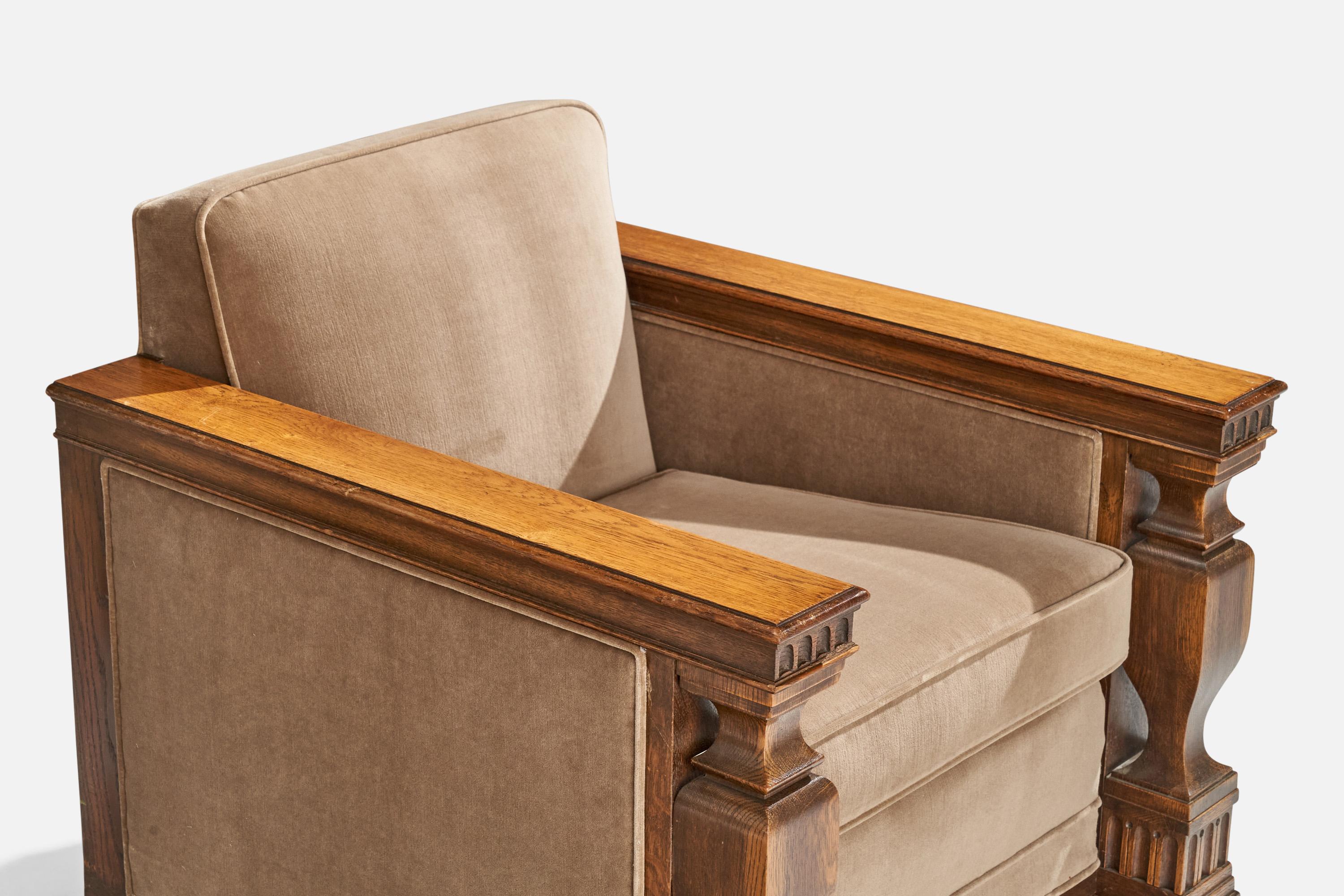 Designer suédois, fauteuils de salon, chêne, velours, Suède, années 1930 en vente 3