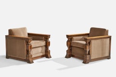 Swedish Designer, Lounge Chairs, Oak, Velvet, Sweden, 1930s