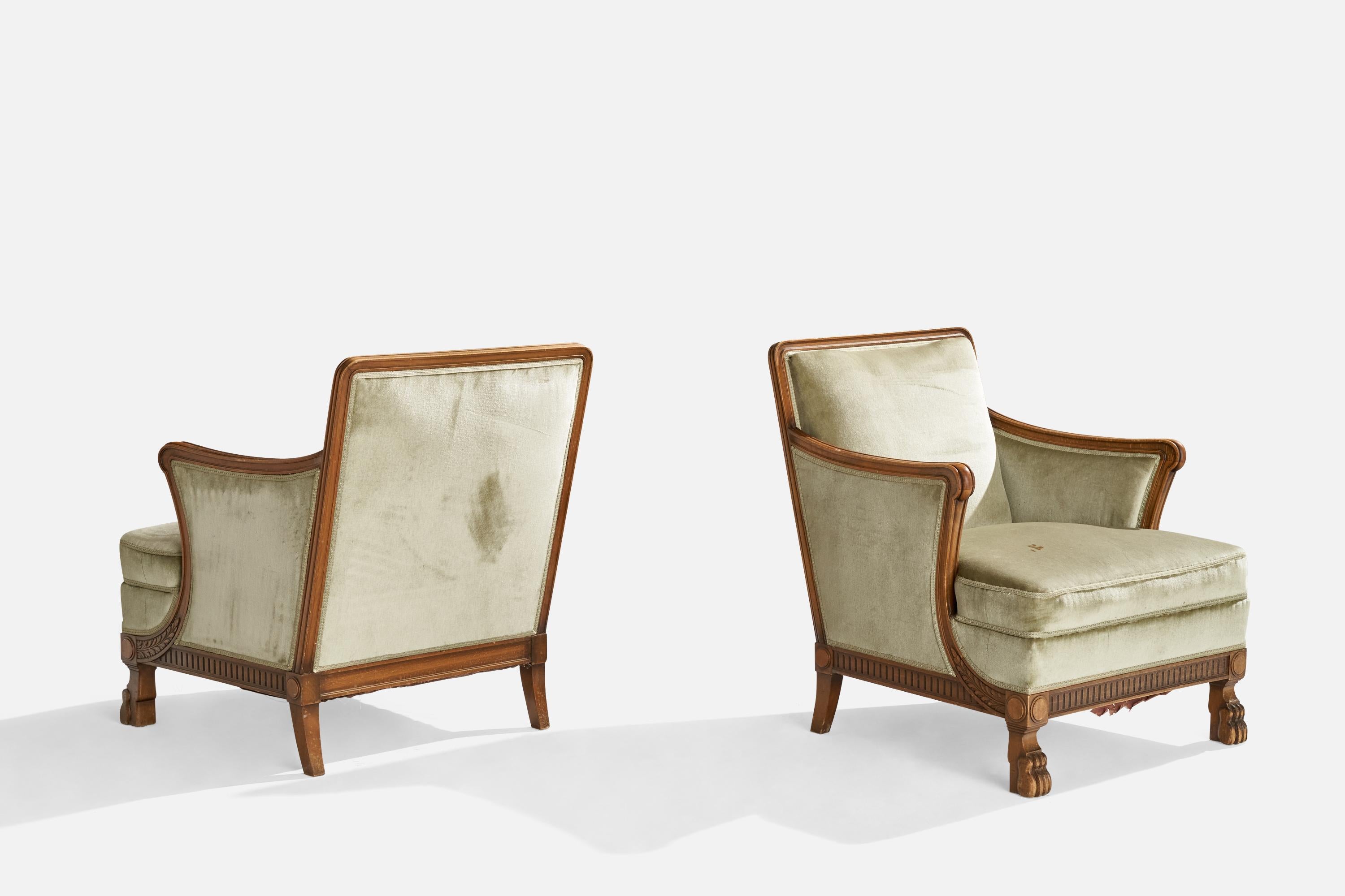 Scandinavian Modern Swedish Designer, Lounge Chairs, Oak, Velvet, Sweden, 1930s For Sale