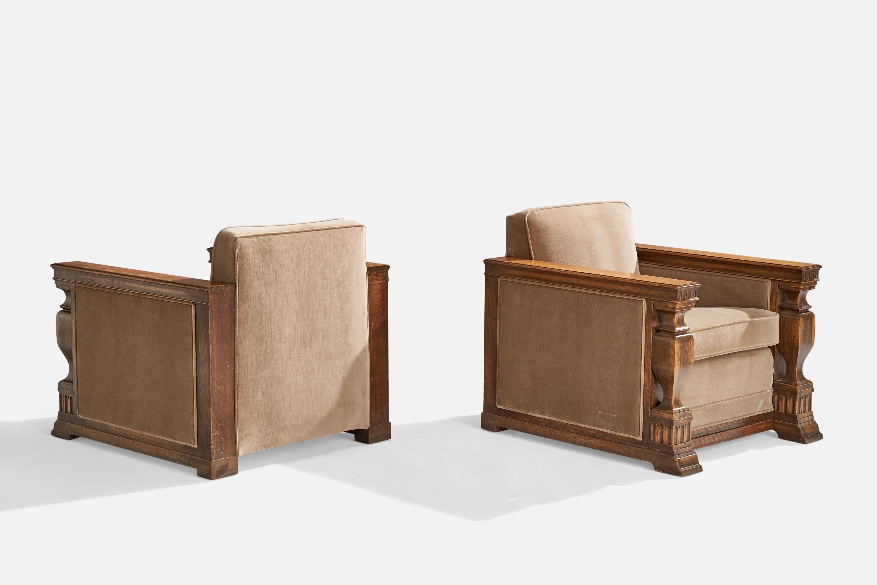 Scandinave moderne Designer suédois, fauteuils de salon, chêne, velours, Suède, années 1930 en vente