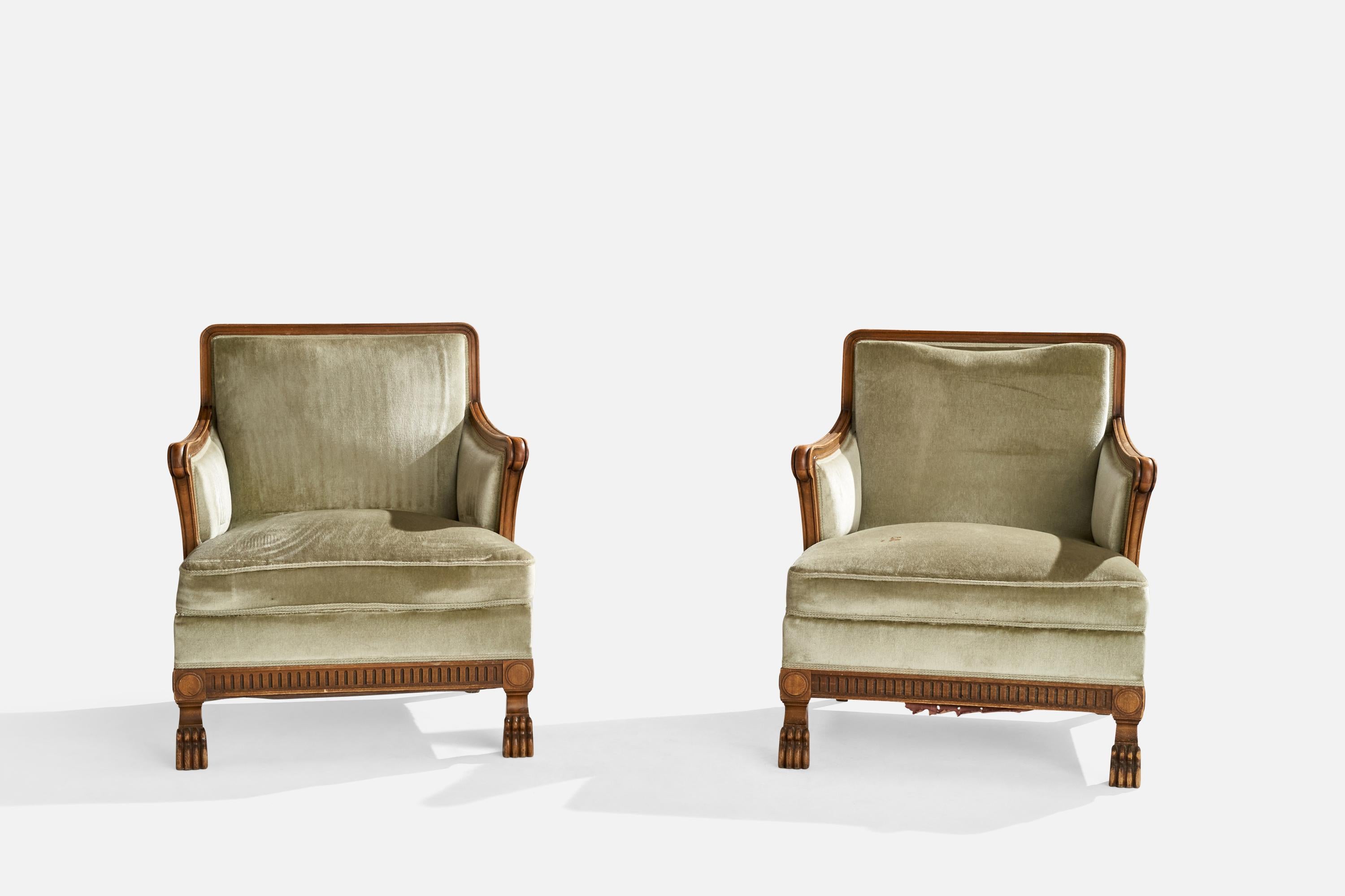 Swedish Designer, Lounge Chairs, Oak, Velvet, Sweden, 1930s In Fair Condition For Sale In High Point, NC