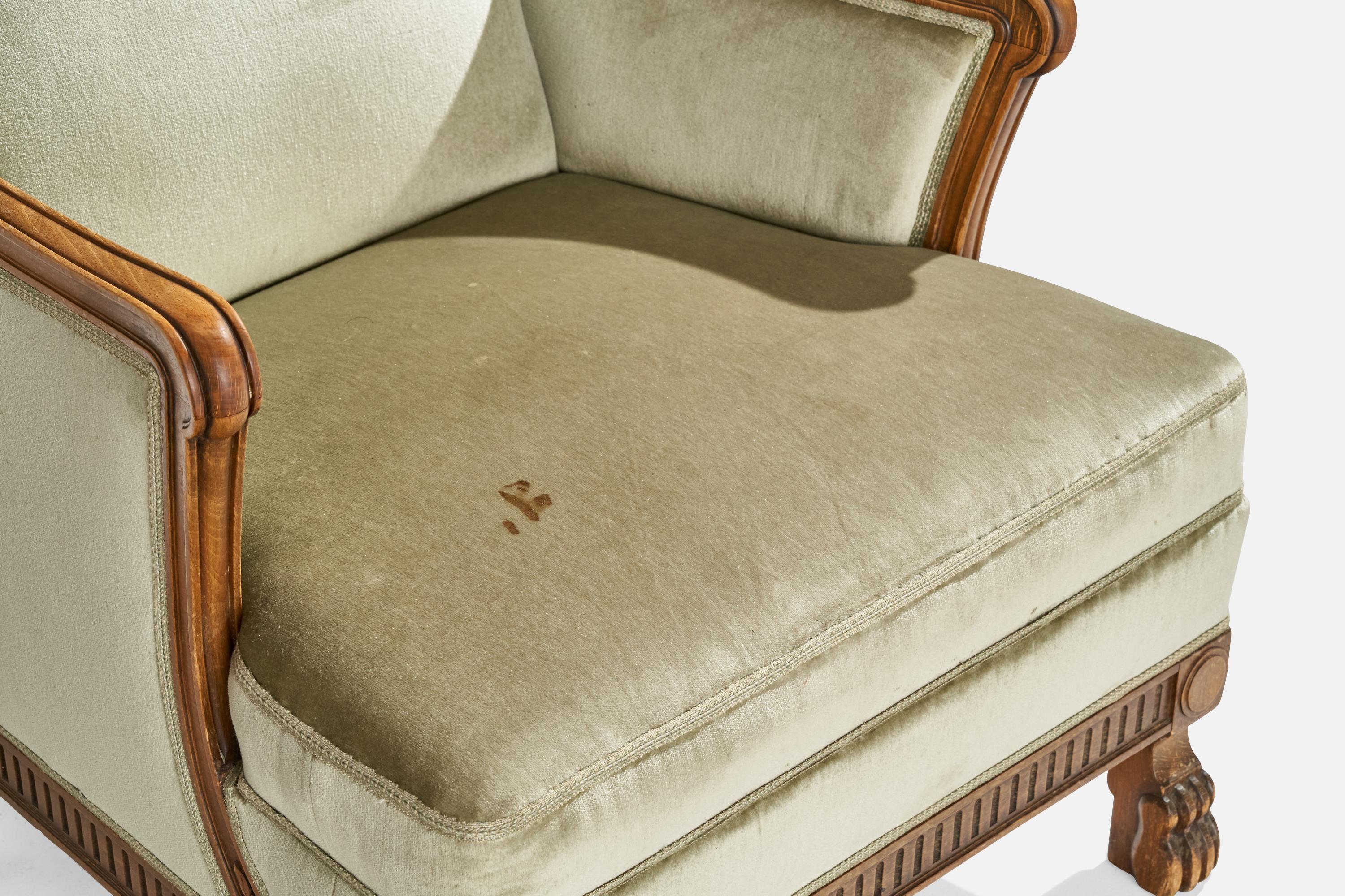 Swedish Designer, Lounge Chairs, Oak, Velvet, Sweden, 1930s For Sale 1