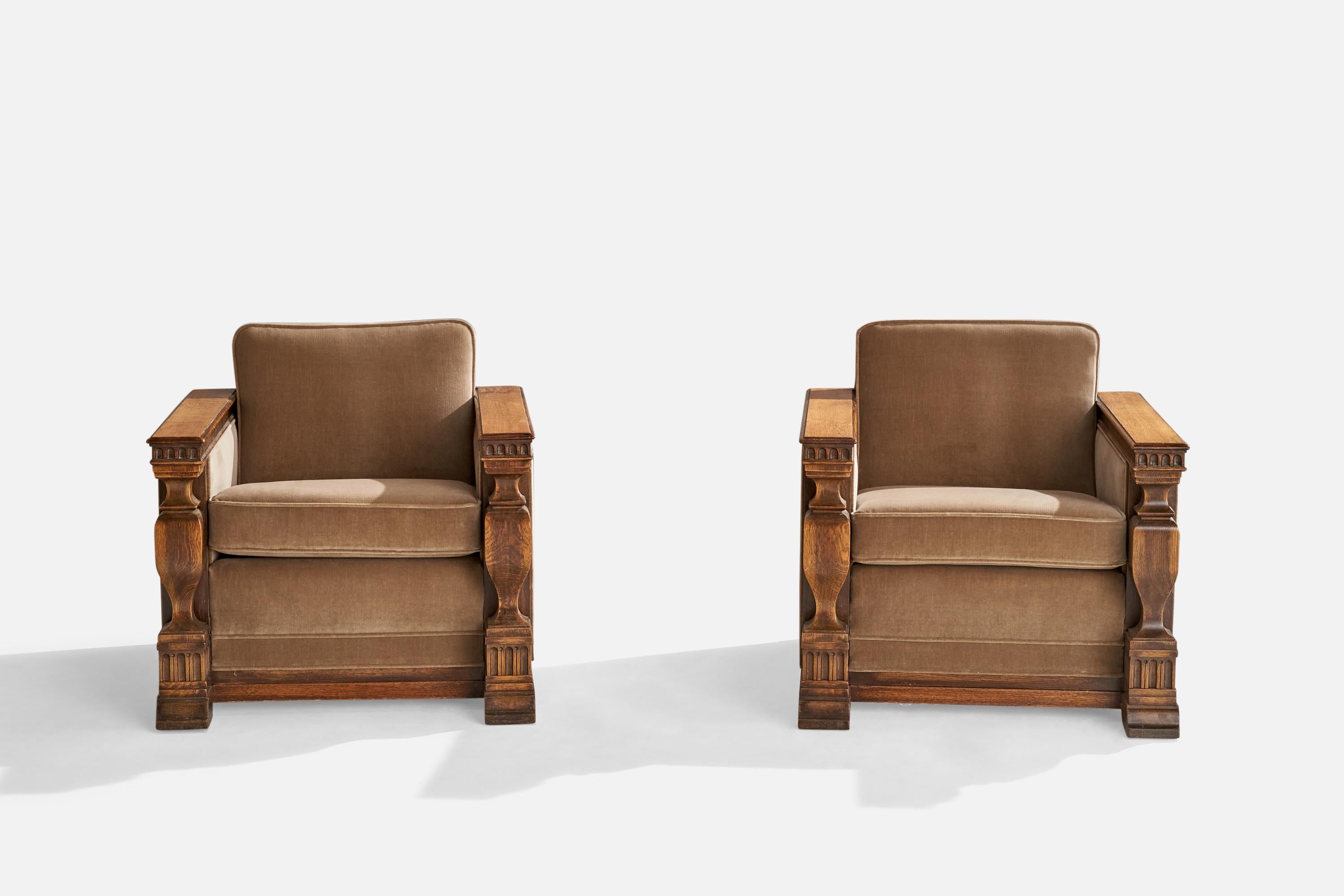 Velours Designer suédois, fauteuils de salon, chêne, velours, Suède, années 1930 en vente