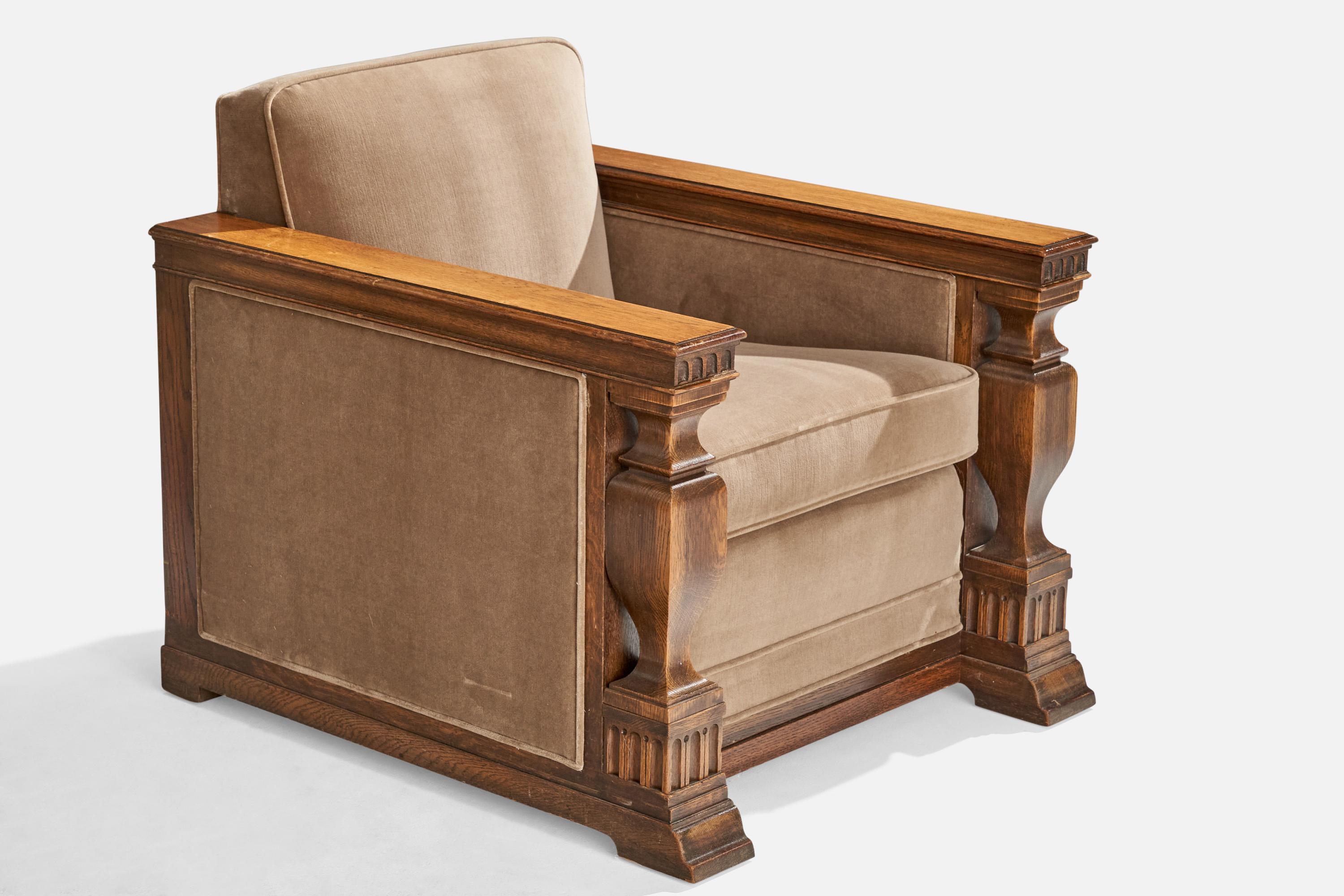Designer suédois, fauteuils de salon, chêne, velours, Suède, années 1930 en vente 1
