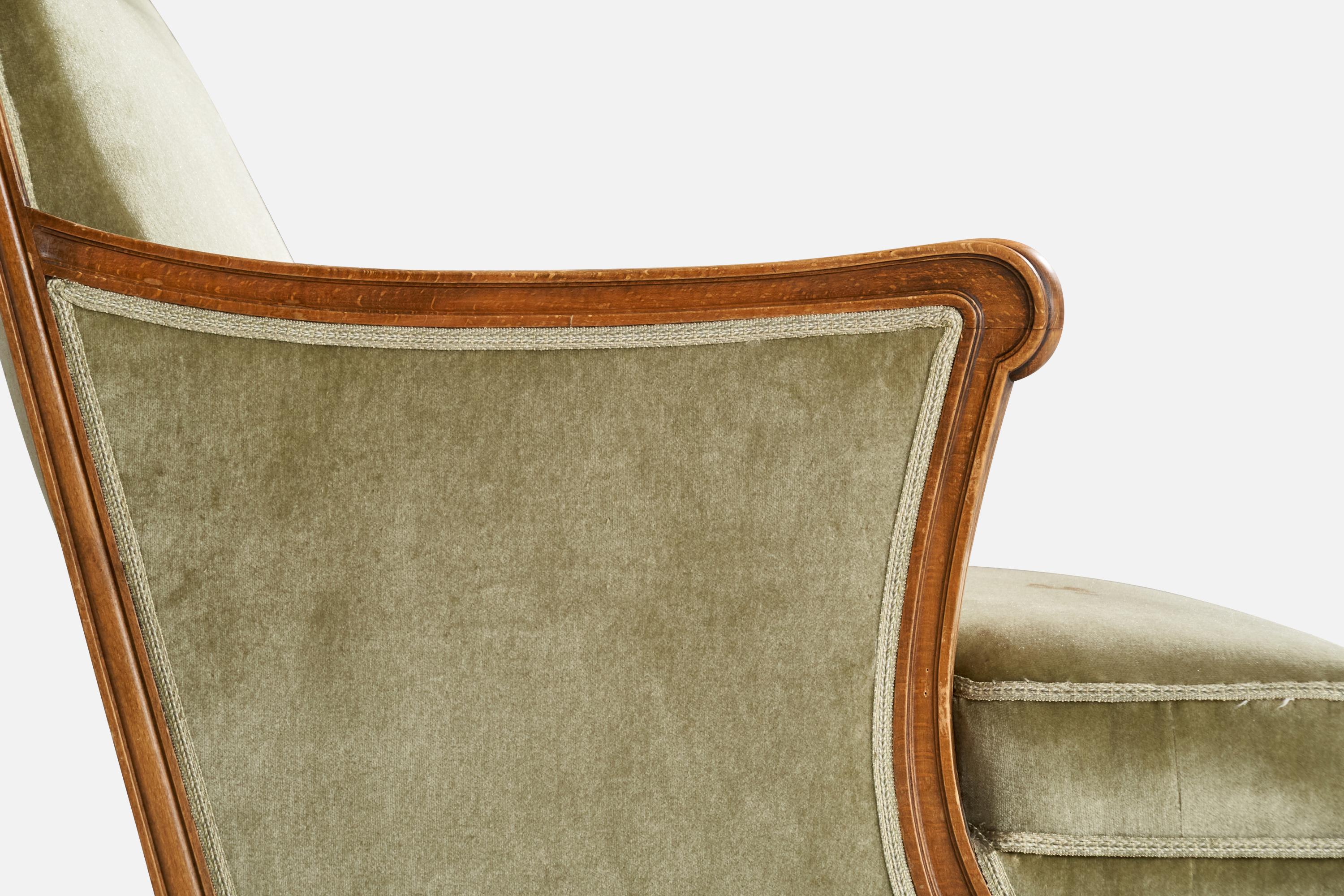 Swedish Designer, Lounge Chairs, Oak, Velvet, Sweden, 1930s For Sale 4