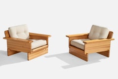 Swedish Designer, Lounge Chairs, Pine, Fabric, Sweden, 1970s