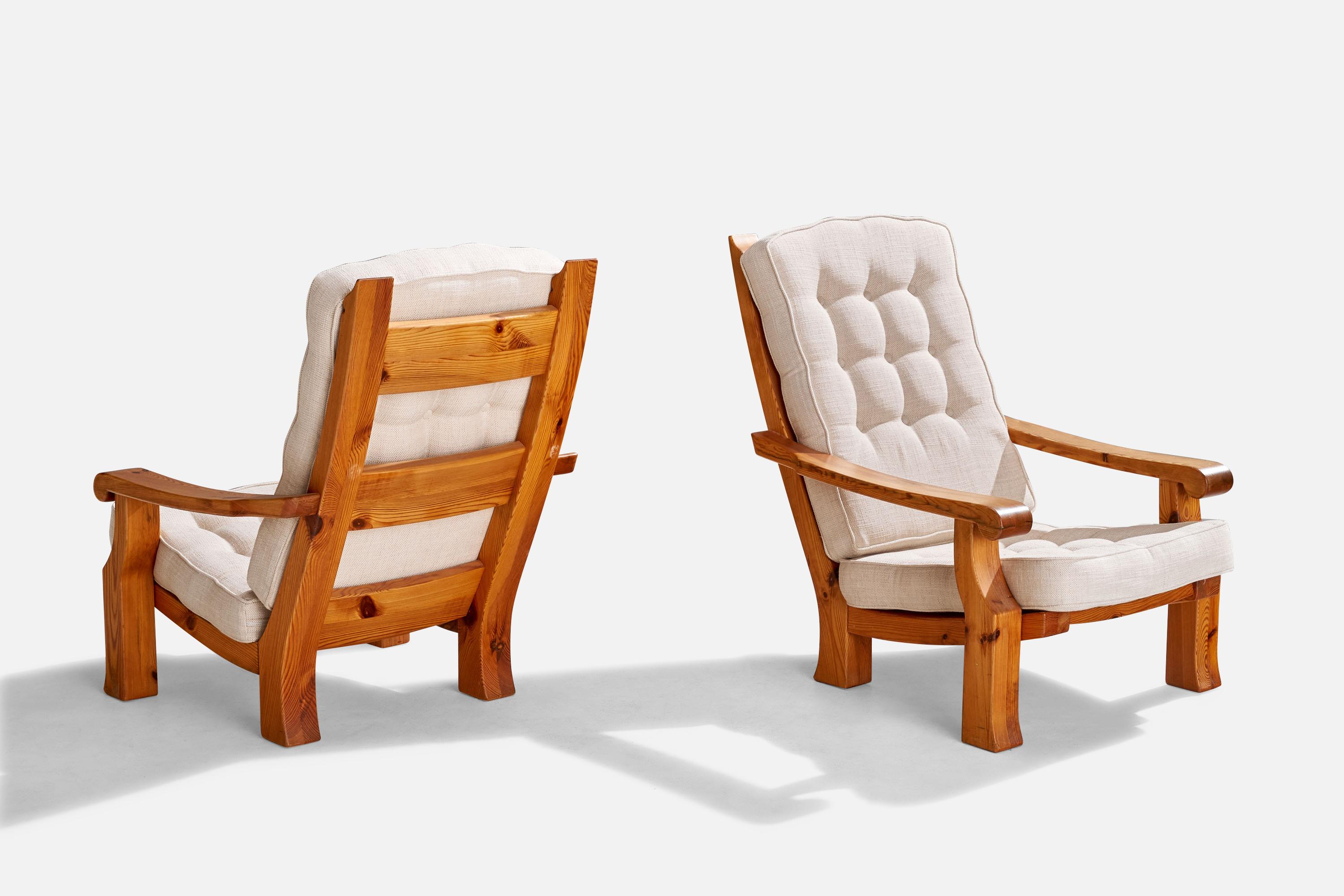 Scandinavian Modern Swedish Designer, Lounge Chairs, Pine, Fabric, Sweden, 1970s For Sale