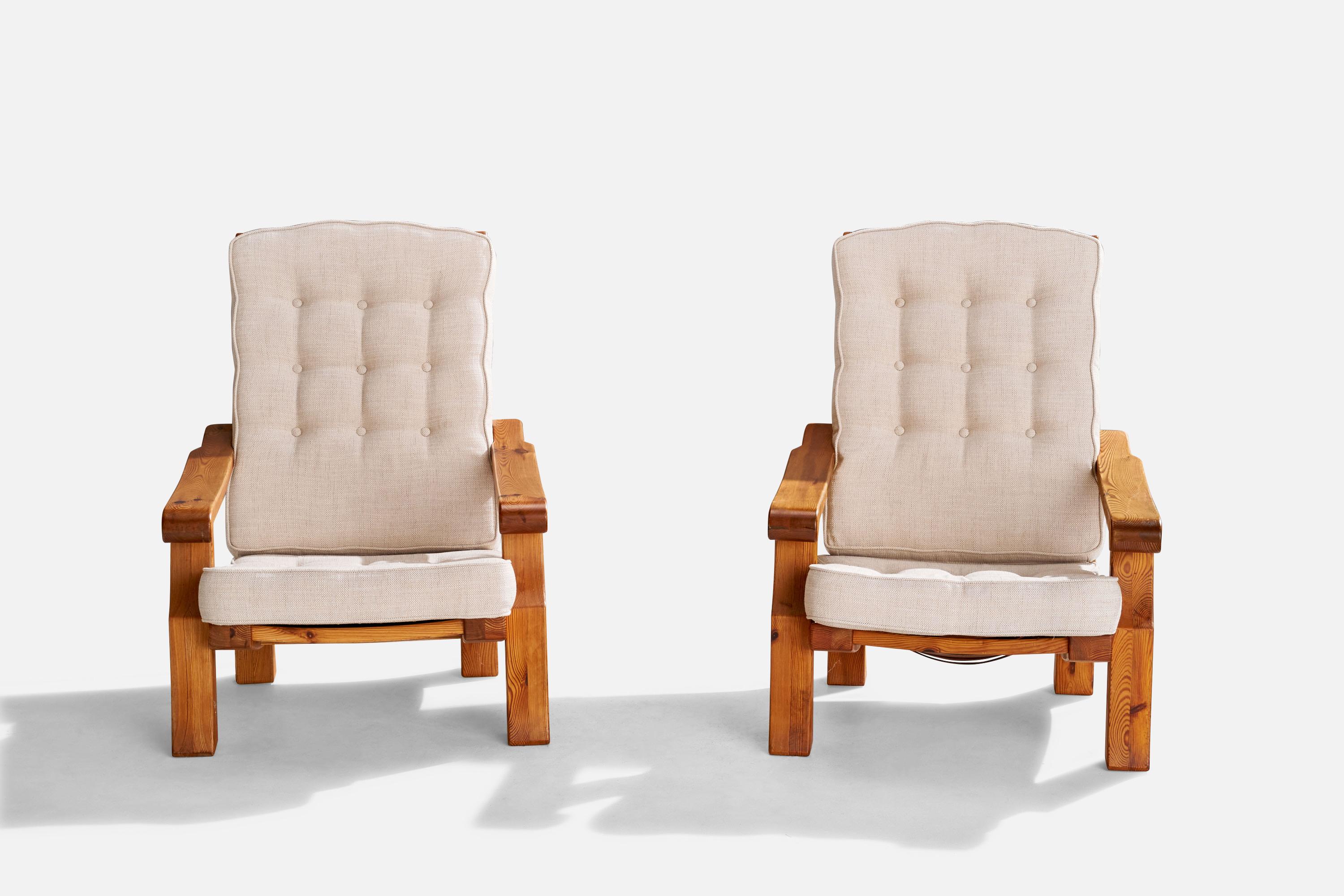 Late 20th Century Swedish Designer, Lounge Chairs, Pine, Fabric, Sweden, 1970s For Sale
