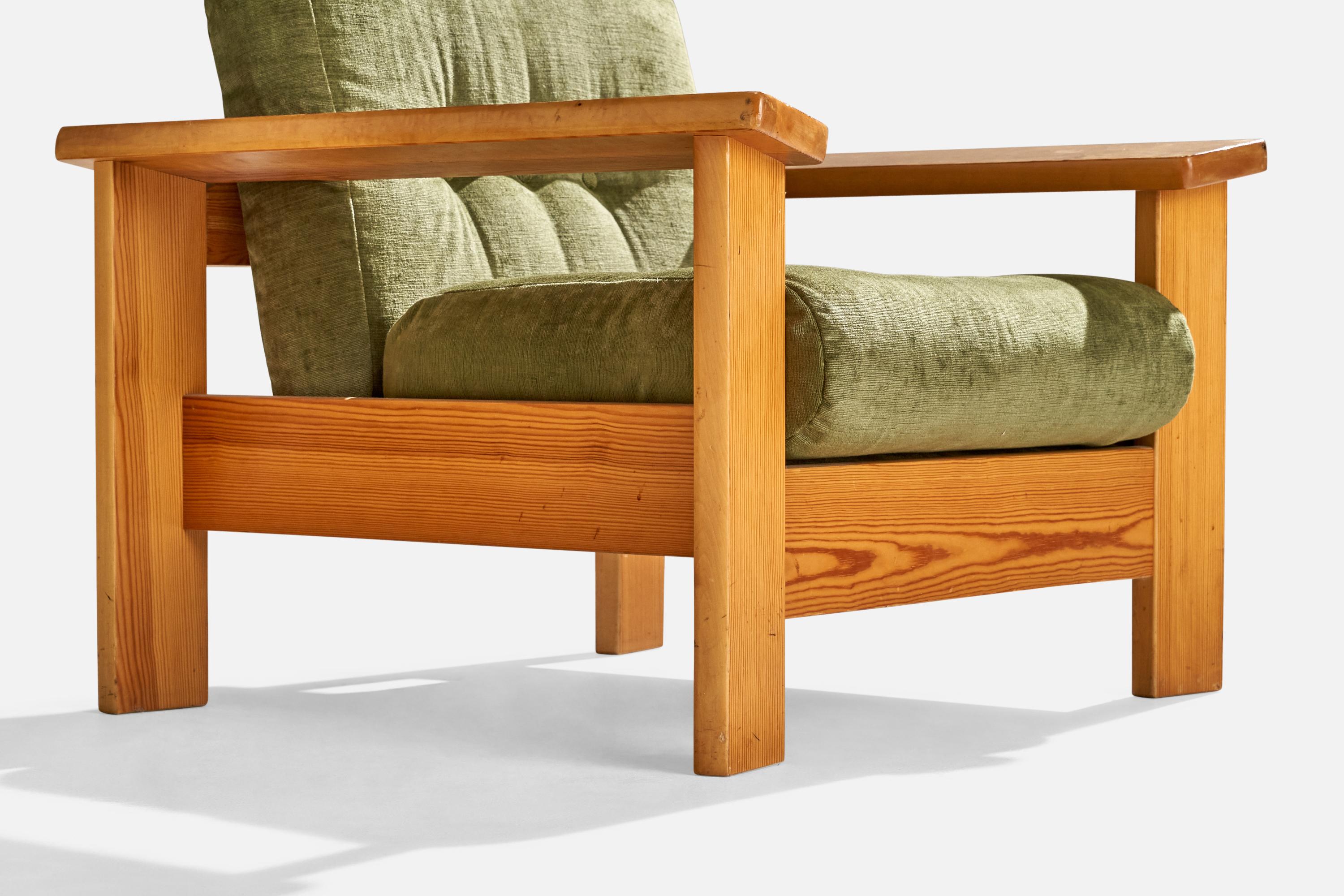 Late 20th Century Swedish Designer, Lounge Chairs, Pine, Velvet, Sweden, 1970s For Sale
