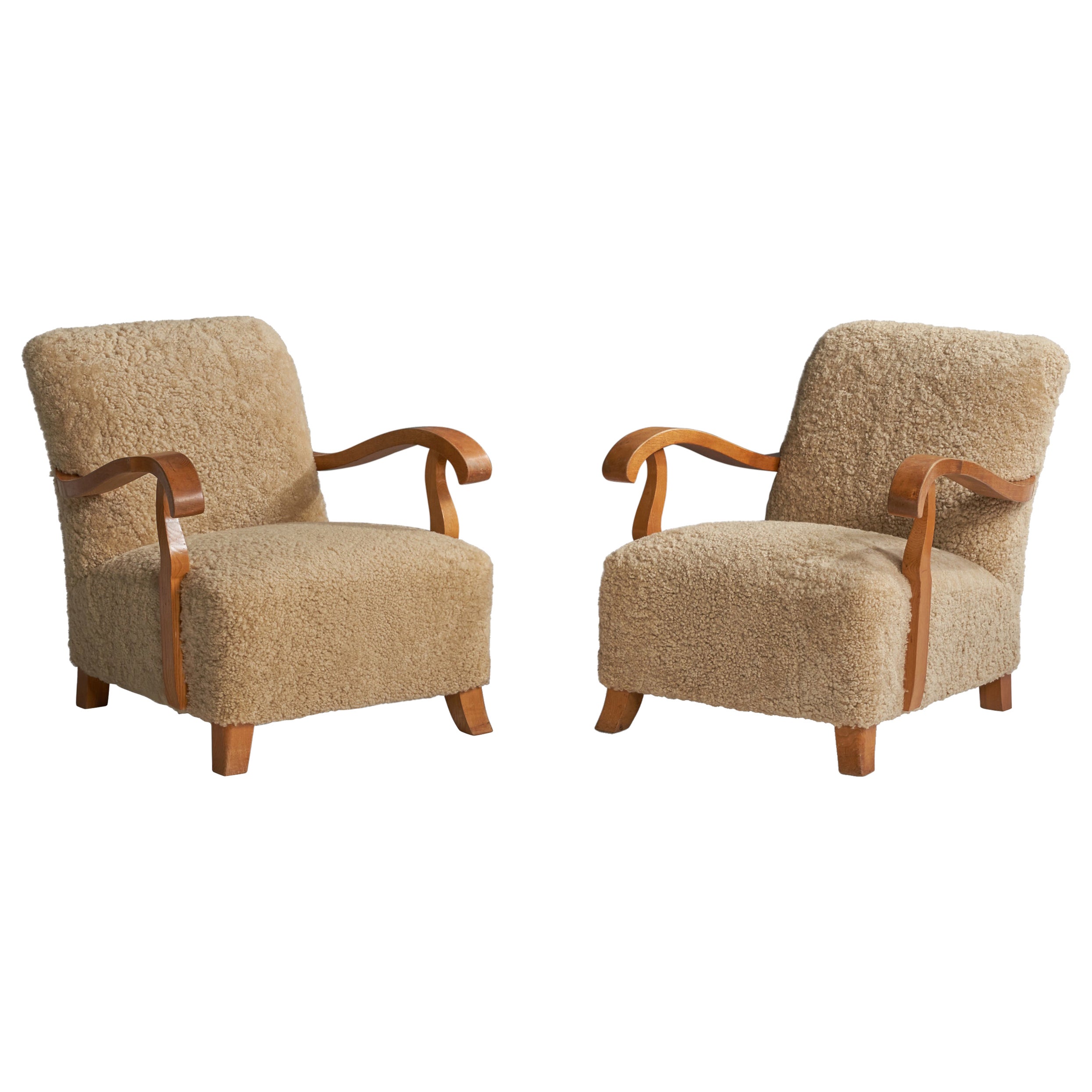 Swedish Designer, Lounge Chairs, Shearling, Oak, Sweden, 1940s