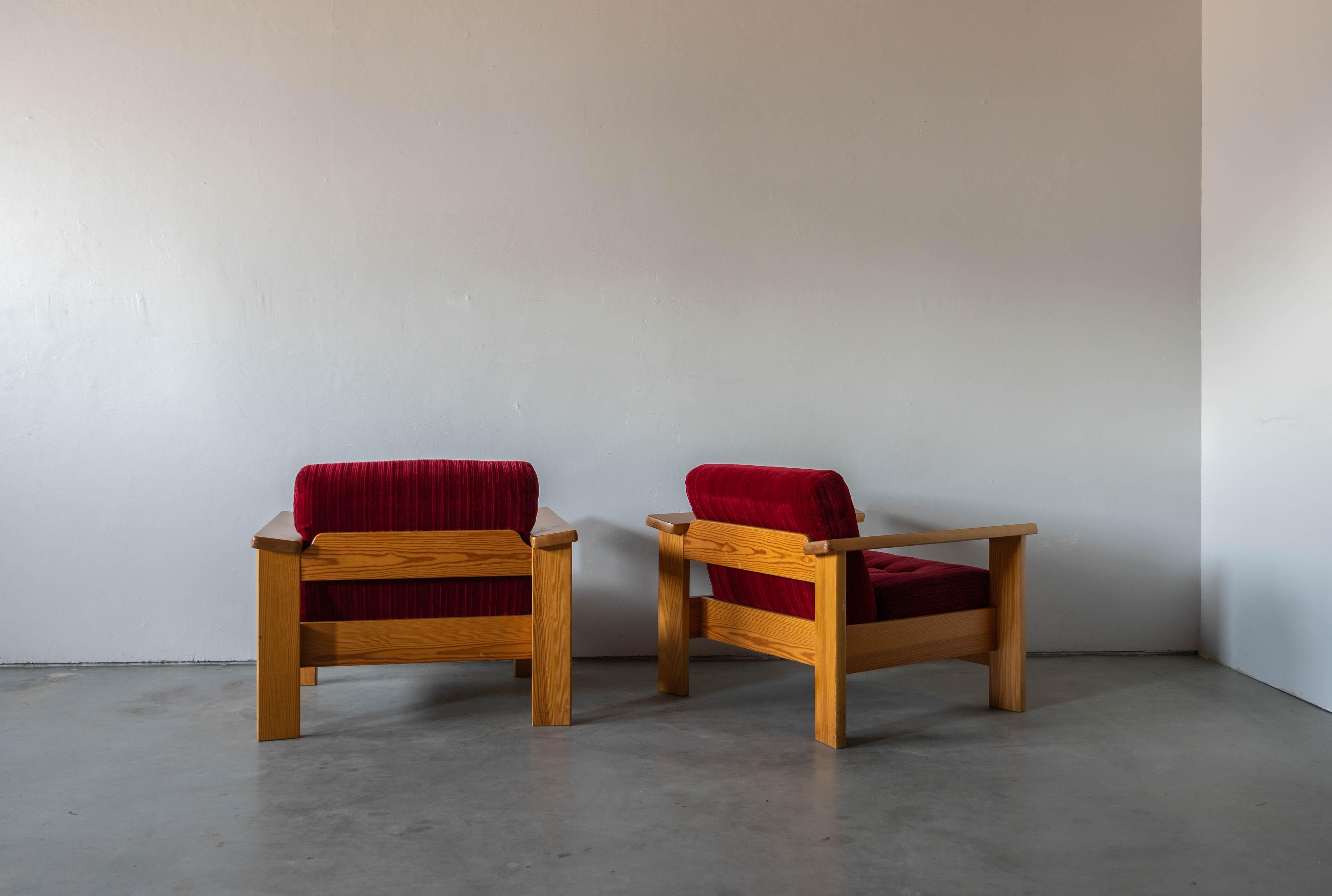 Danish Swedish Designer, Lounge Chairs, Solid Pine, Fabric, Sweden, 1970s For Sale