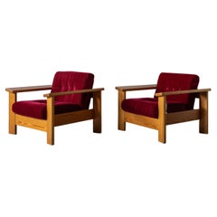 Retro Swedish Designer, Lounge Chairs, Solid Pine, Fabric, Sweden, 1970s