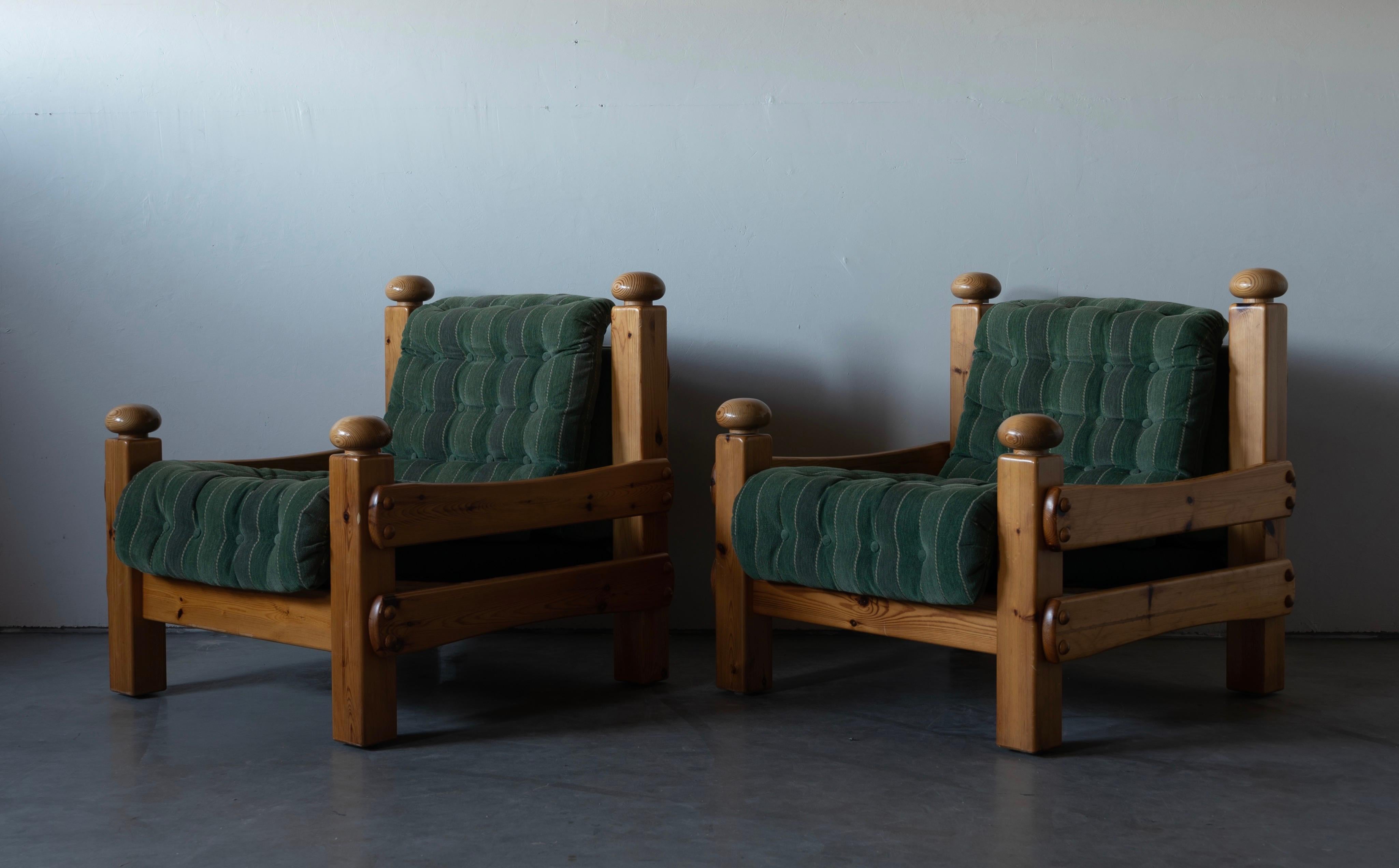 Danish Swedish Designer, Lounge Chairs, Solid Pine, Green Fabric, Sweden, 1970s For Sale