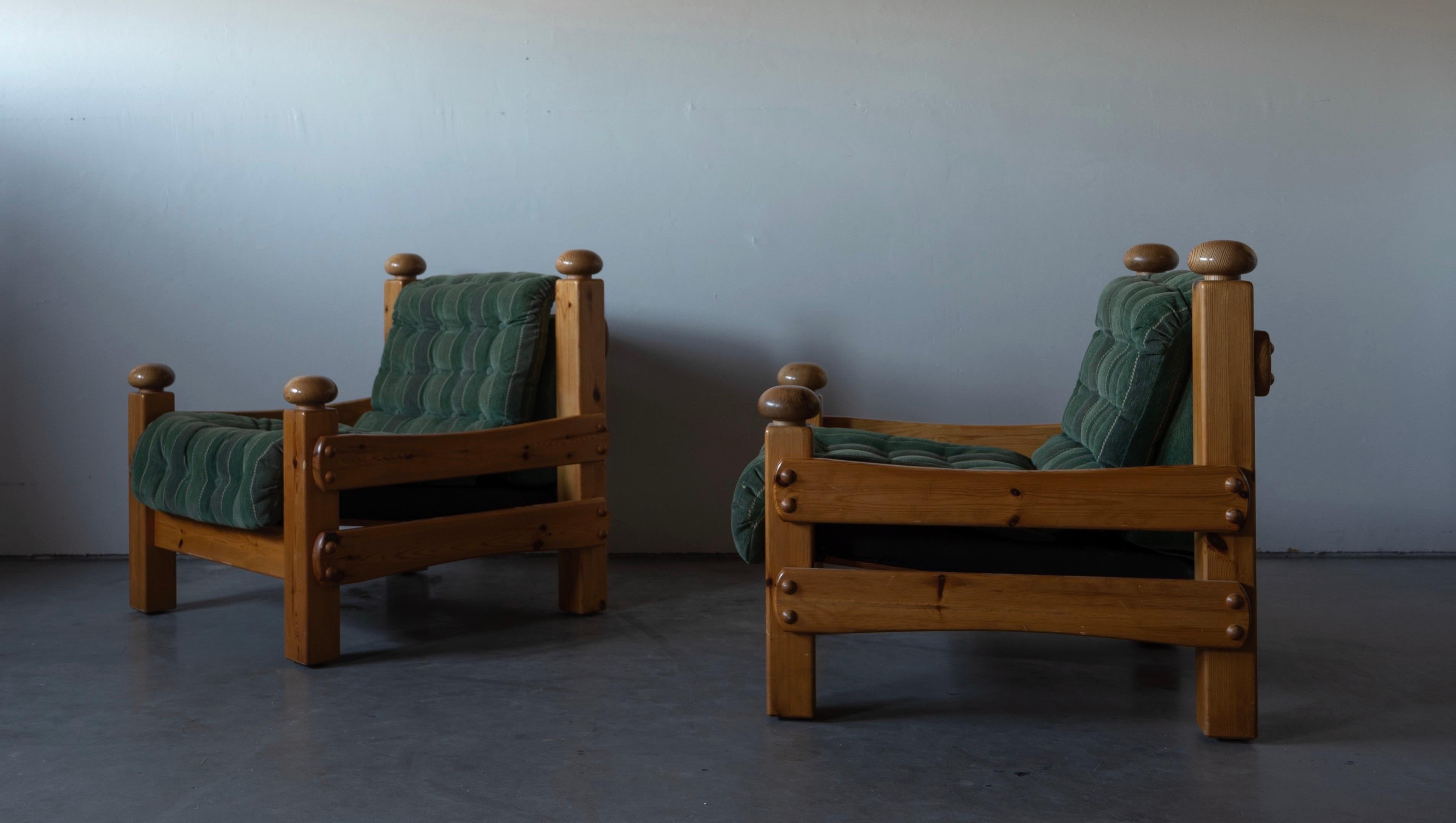 Late 20th Century Swedish Designer, Lounge Chairs, Solid Pine, Green Fabric, Sweden, 1970s For Sale
