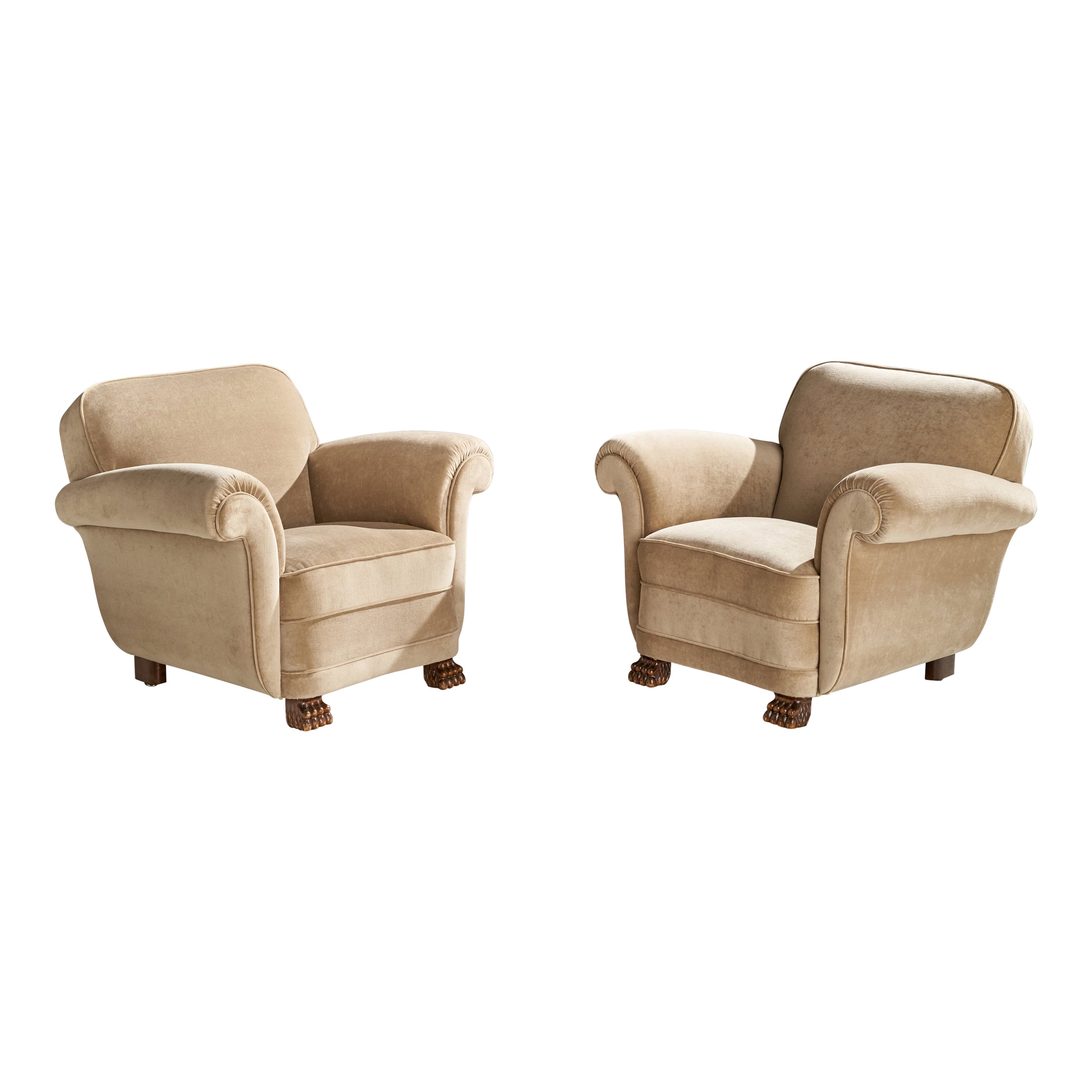 Swedish Designer, Lounge Chairs, Velvet, Birch, Sweden, 1930s