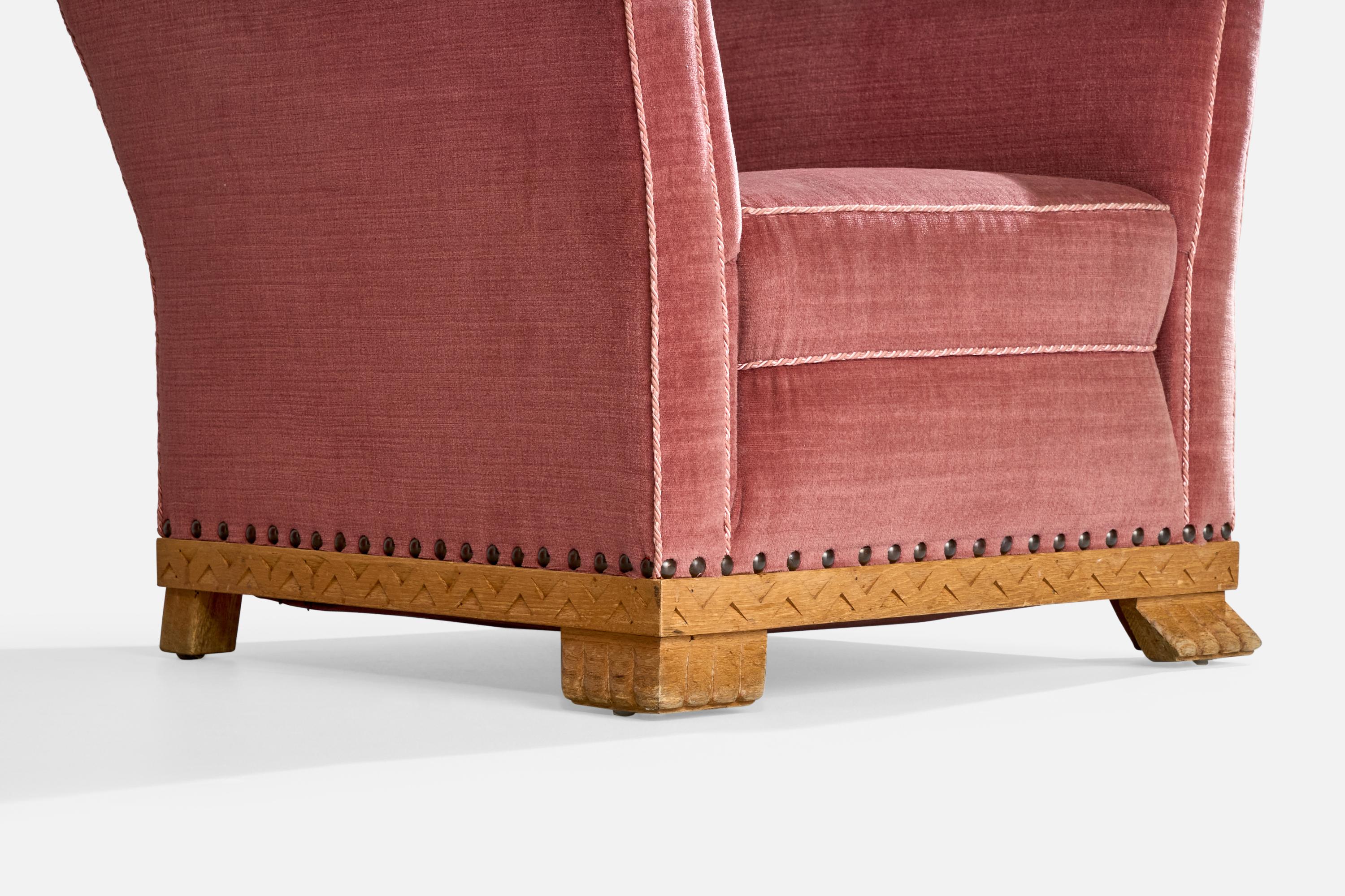 Swedish Designer, Lounge Chairs, Velvet, Oak, Sweden, 1930s For Sale 7
