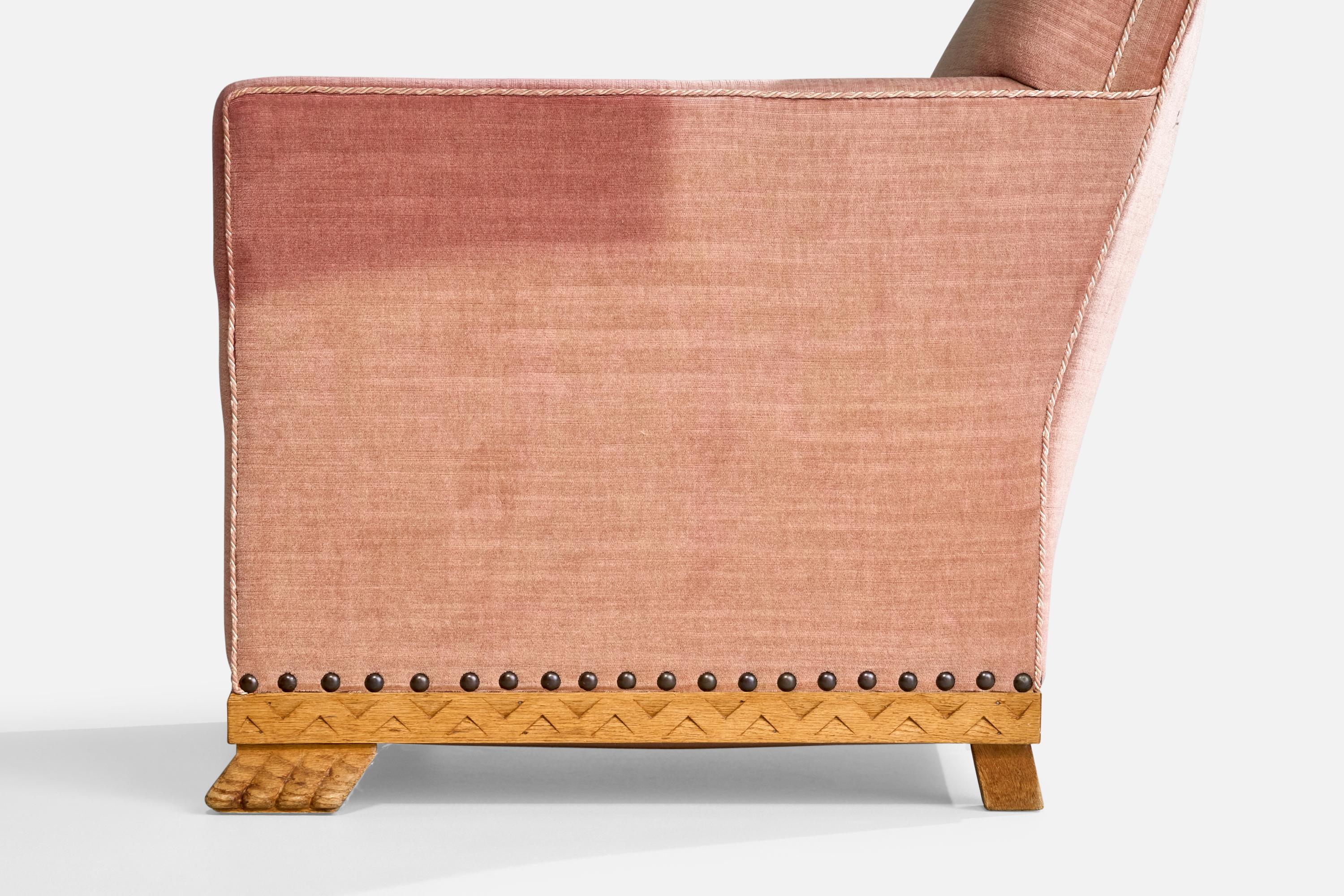 Swedish Designer, Lounge Chairs, Velvet, Oak, Sweden, 1930s For Sale 10