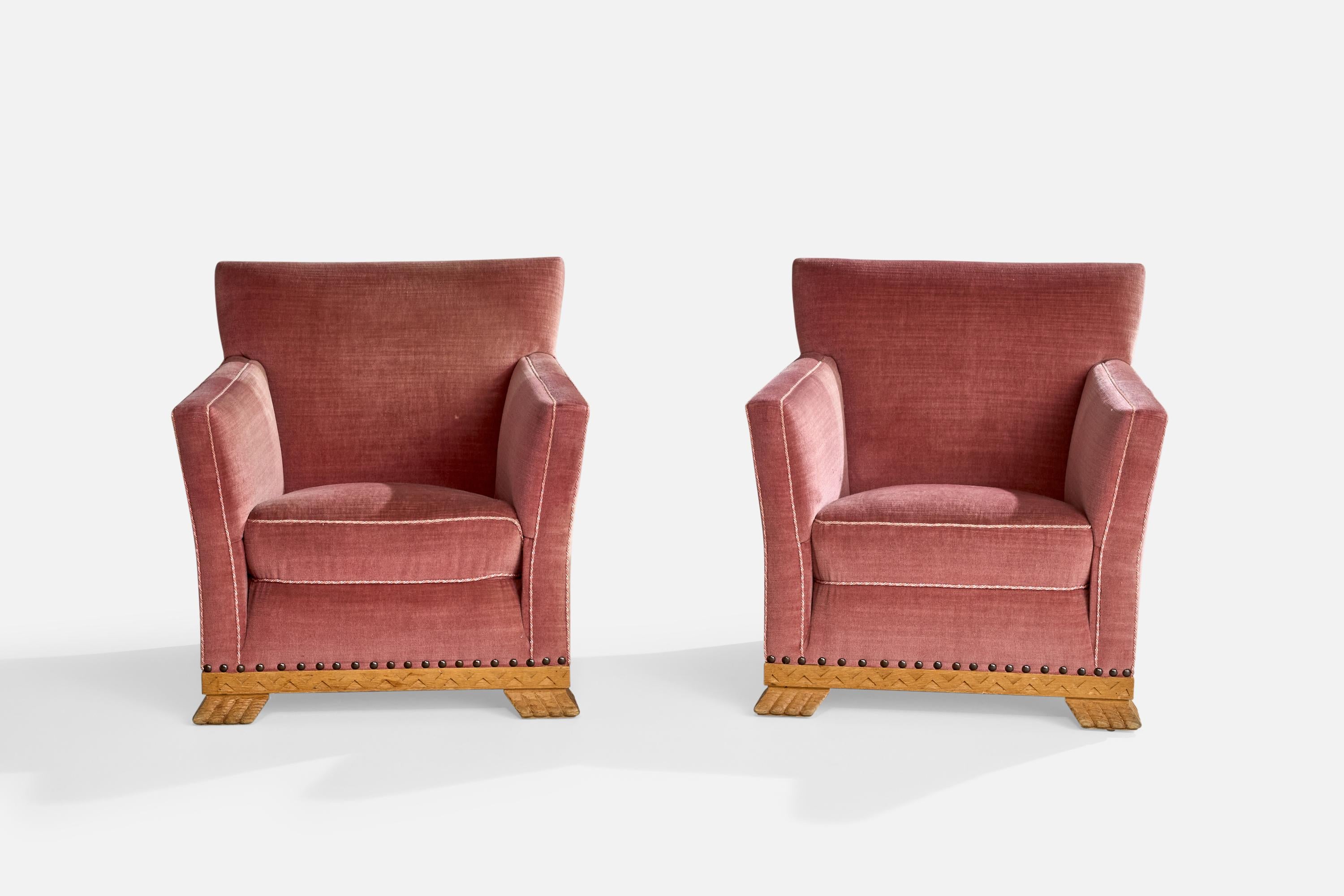Scandinavian Modern Swedish Designer, Lounge Chairs, Velvet, Oak, Sweden, 1930s For Sale