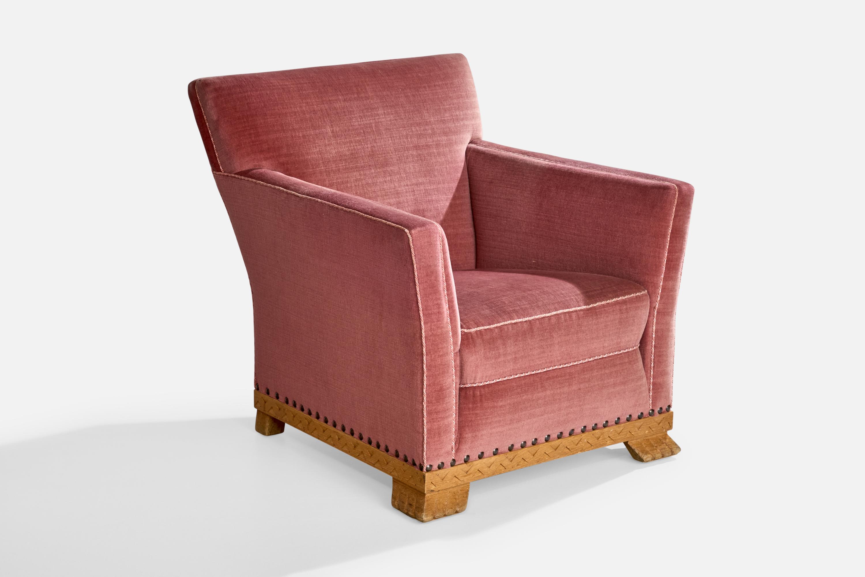 Mid-20th Century Swedish Designer, Lounge Chairs, Velvet, Oak, Sweden, 1930s For Sale