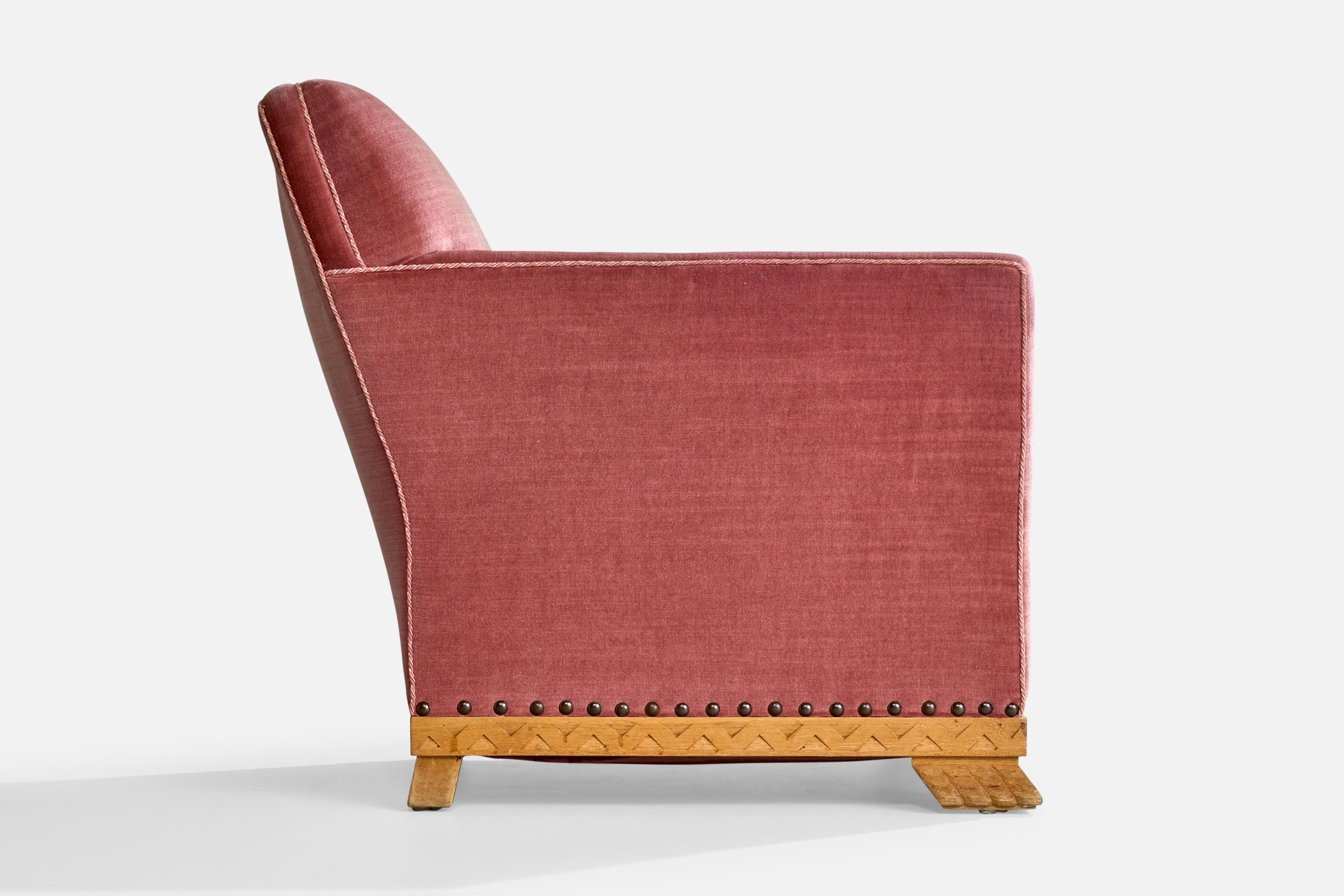 Swedish Designer, Lounge Chairs, Velvet, Oak, Sweden, 1930s For Sale 1