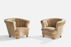 Swedish Designer, Lounge Chairs, Velvet, Wood, Sweden, 1940s