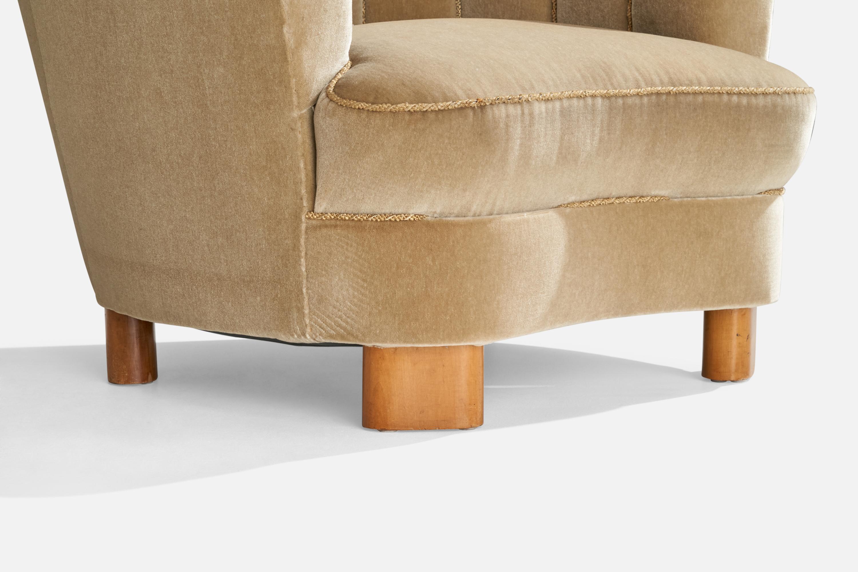 Swedish Designer, Lounge Chairs, Velvet, Wood, Sweden, 1940s For Sale 1