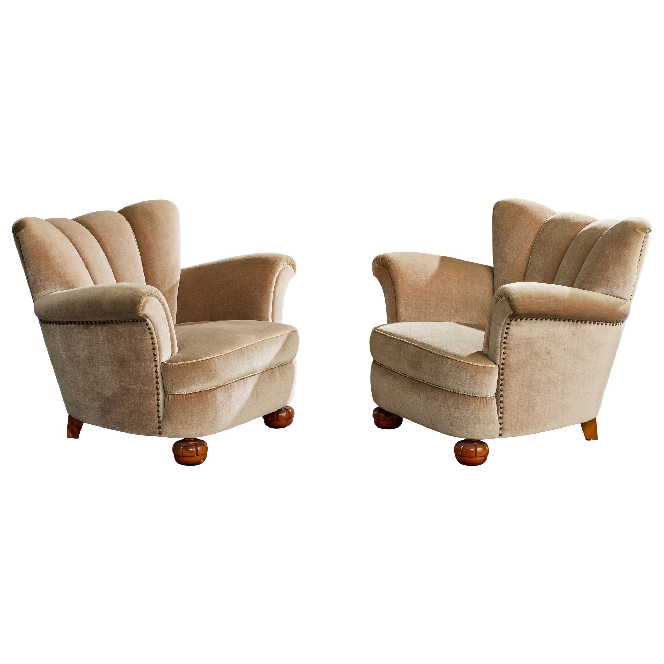 Swedish Designer, Lounge Chairs, Velvet, Wood, Sweden, 1940s