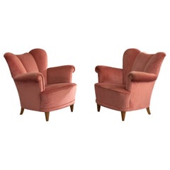 Swedish Designer, Lounge Chairs, Velvet, Wood, Sweden, 1940s