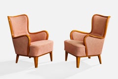 Swedish Designer, Lounge Chairs, Wood, Fabric, Sweden, 1930s