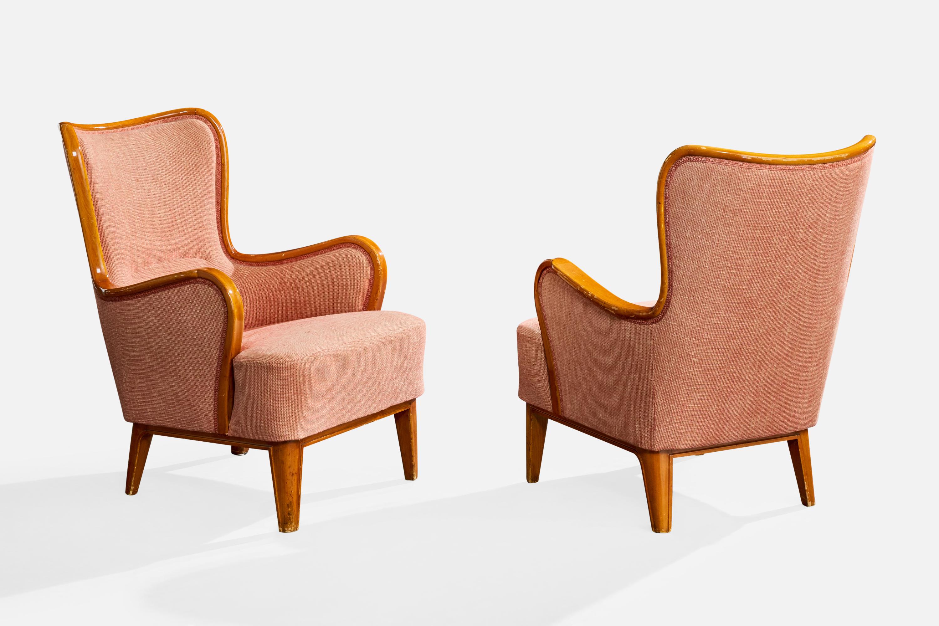 Scandinave moderne Designer suédois, fauteuils de salon, bois, tissu, Suède, années 1930 en vente