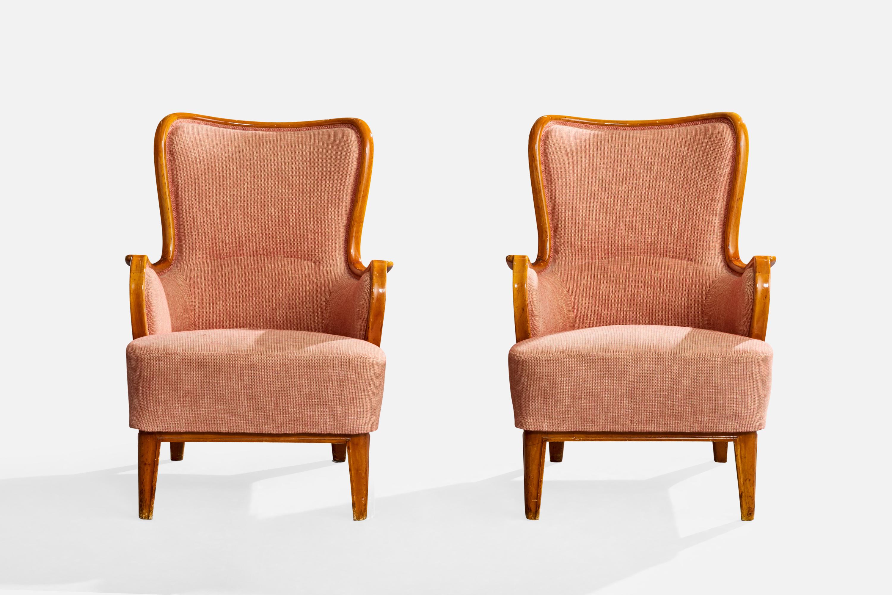 Suédois Designer suédois, fauteuils de salon, bois, tissu, Suède, années 1930 en vente