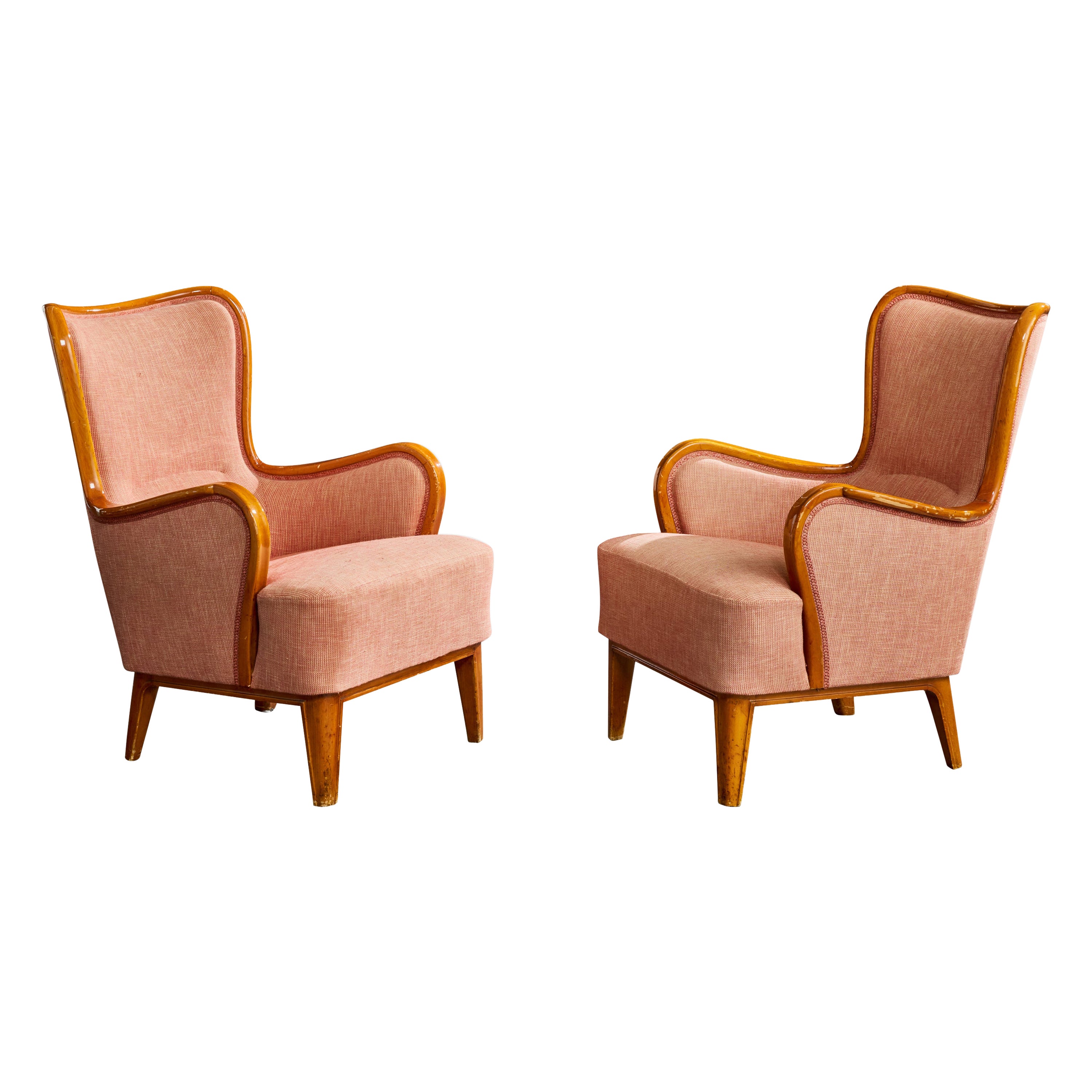 Designer suédois, fauteuils de salon, bois, tissu, Suède, années 1930