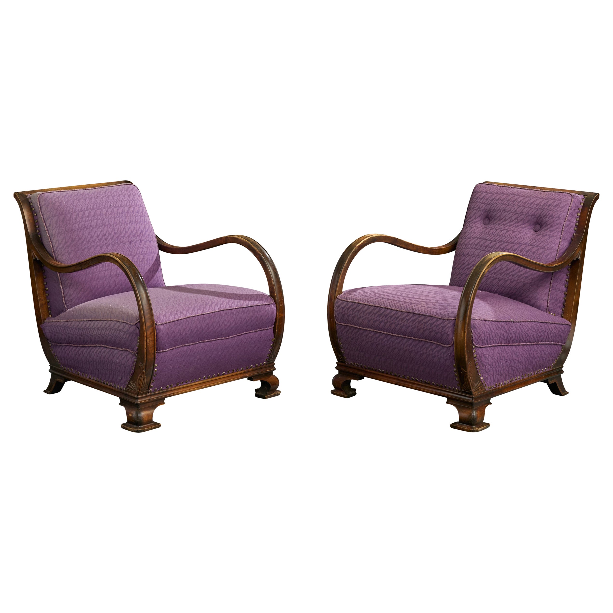 Swedish Designer, Lounge Chairs, Wood, Fabric, Sweden, 1930s
