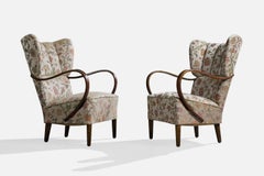 Schwedischer Designer, Loungesessel, Holz, Stoff, Schweden, 1940er Jahre