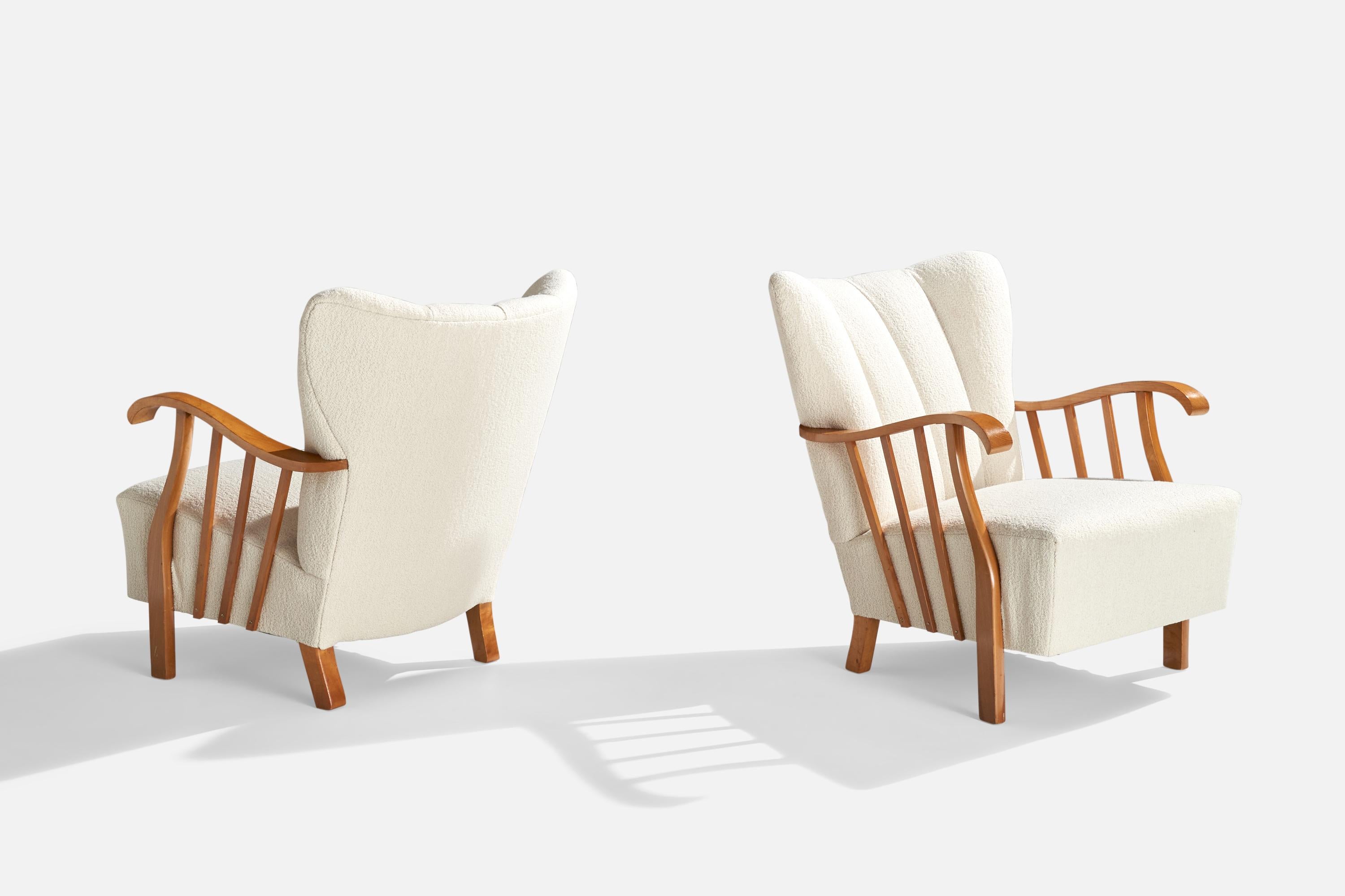 Scandinavian Modern Swedish Designer, Lounge Chairs, Wood, Fabric, Sweden, 1940s For Sale