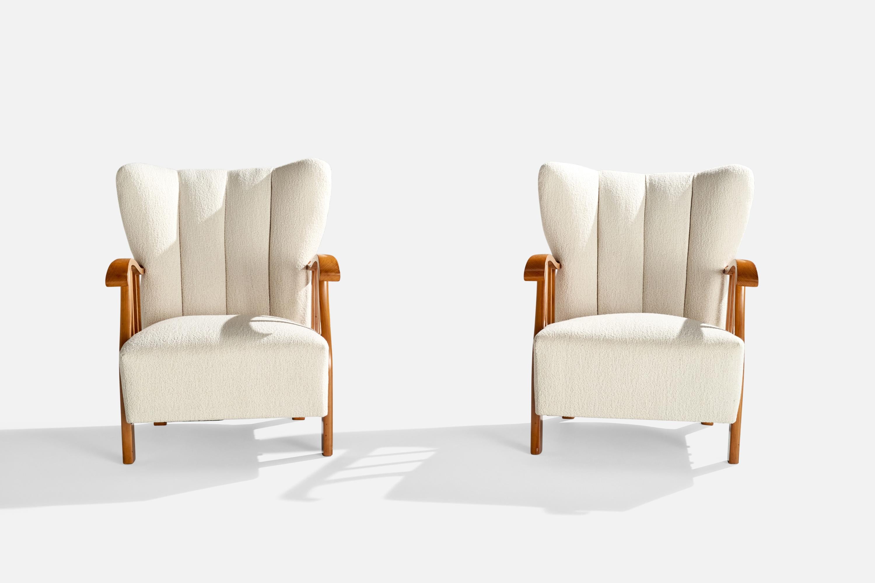 Swedish Designer, Lounge Chairs, Wood, Fabric, Sweden, 1940s For Sale 1