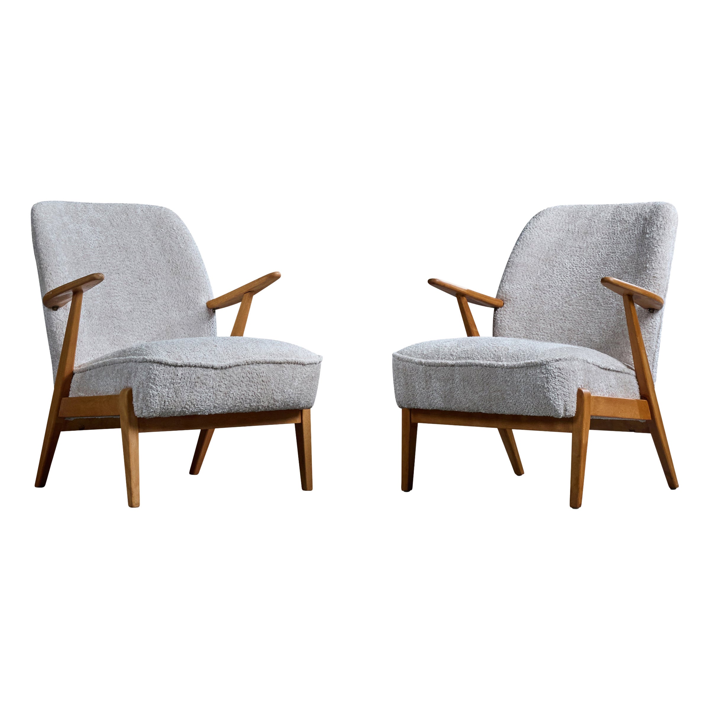 Swedish Designer, Lounge Chairs, Wood, Fabric, Sweden, 1950s For Sale