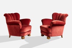 Swedish Designer, Lounge Chairs, Wood, Velvet, Sweden, 1930s