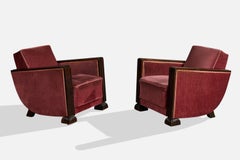 Swedish Designer, Lounge Chairs, Wood, Velvet, Sweden, 1930s