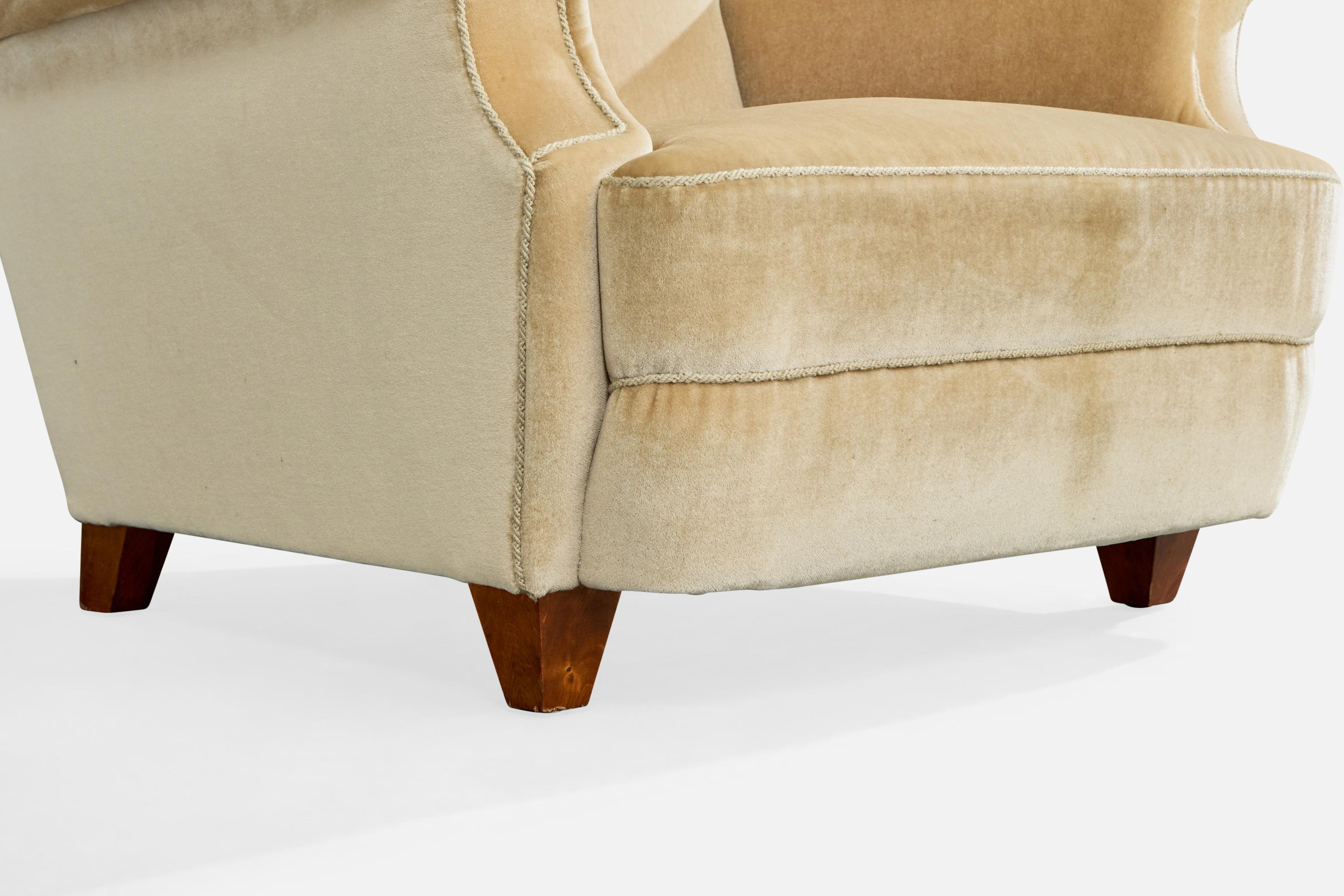 Schwedischer Designer, Lounge-Sessel, Holz, Samt, Schweden, 1950er Jahre im Angebot 7