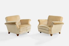 Swedish Designer, Lounge Chairs, Wood, Velvet, Sweden, 1950s