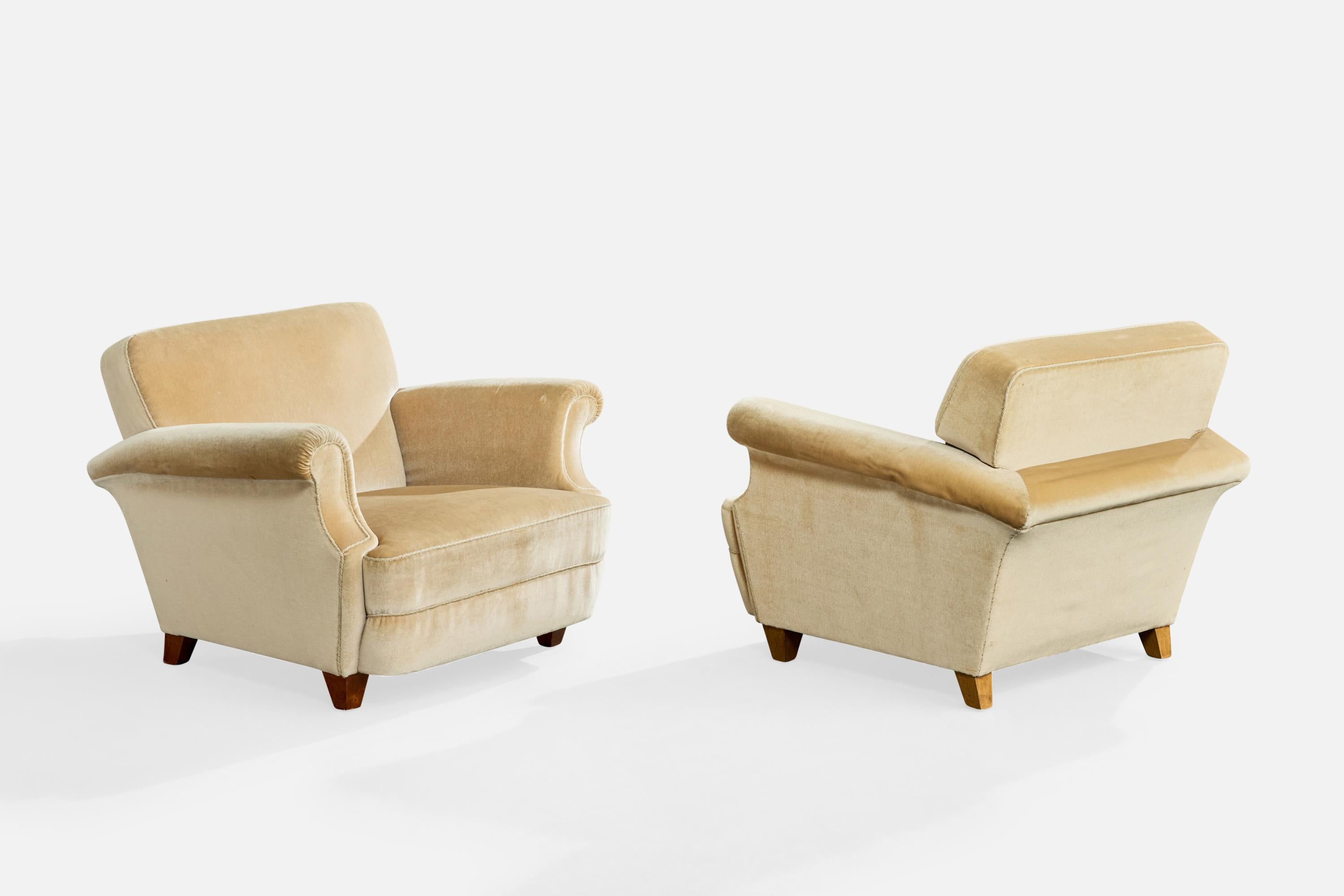 Schwedischer Designer, Lounge-Sessel, Holz, Samt, Schweden, 1950er Jahre (Moderne der Mitte des Jahrhunderts) im Angebot