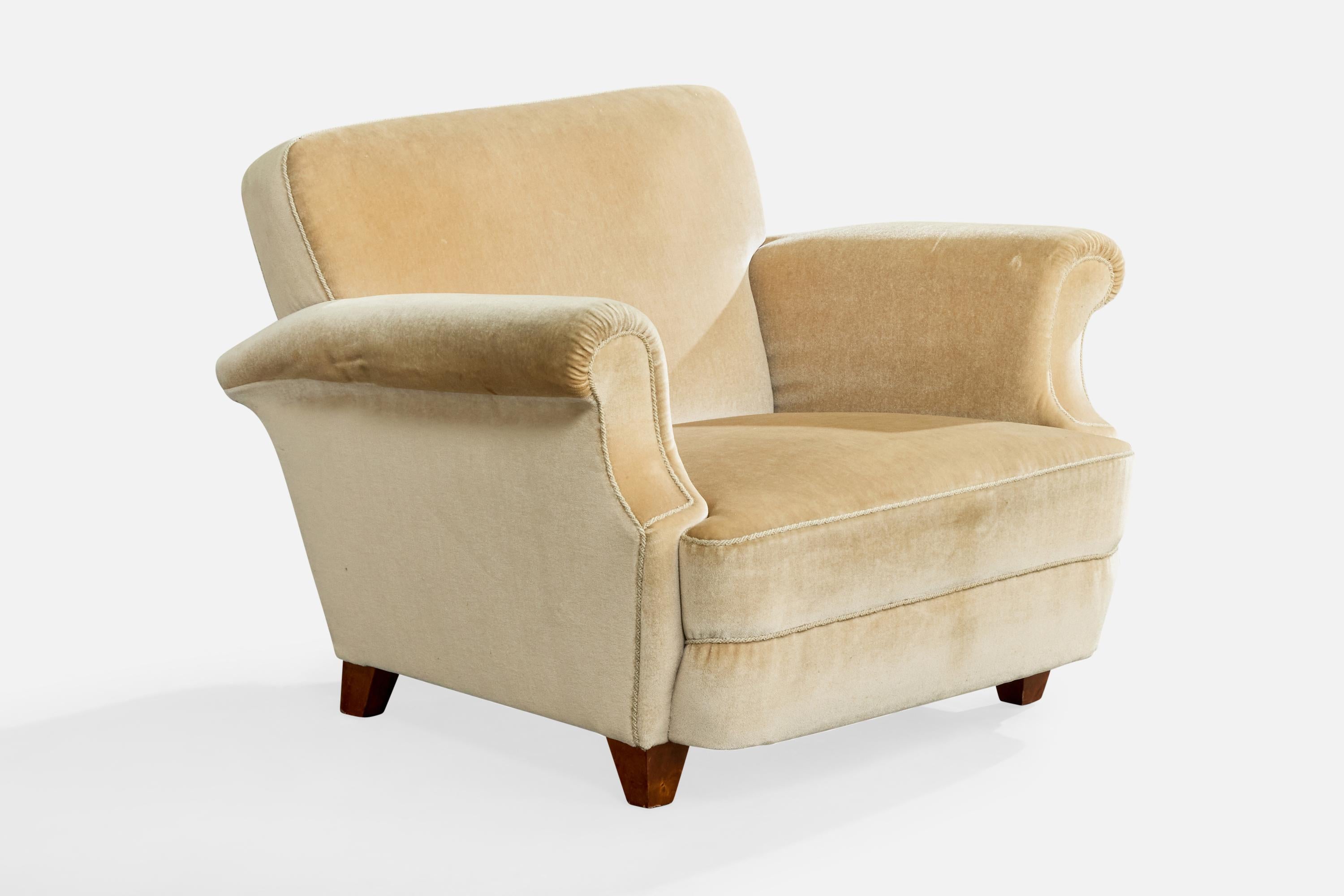 Schwedischer Designer, Lounge-Sessel, Holz, Samt, Schweden, 1950er Jahre (Mitte des 20. Jahrhunderts) im Angebot