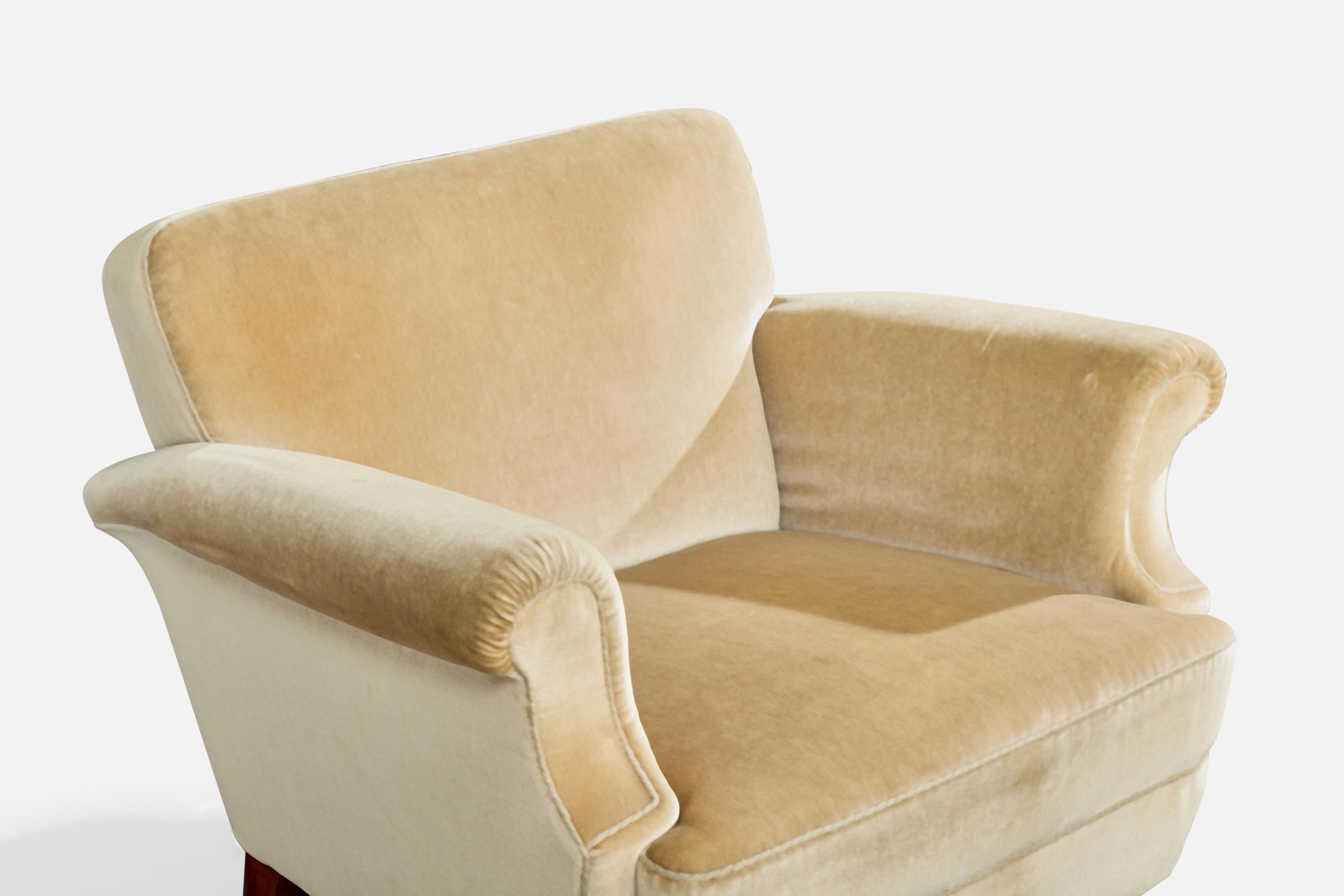 Schwedischer Designer, Lounge-Sessel, Holz, Samt, Schweden, 1950er Jahre im Angebot 3