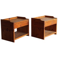 Swedish Designer, Minimalist Bedside Cabinets, Solid Stained Pine, Sweden, 1970s