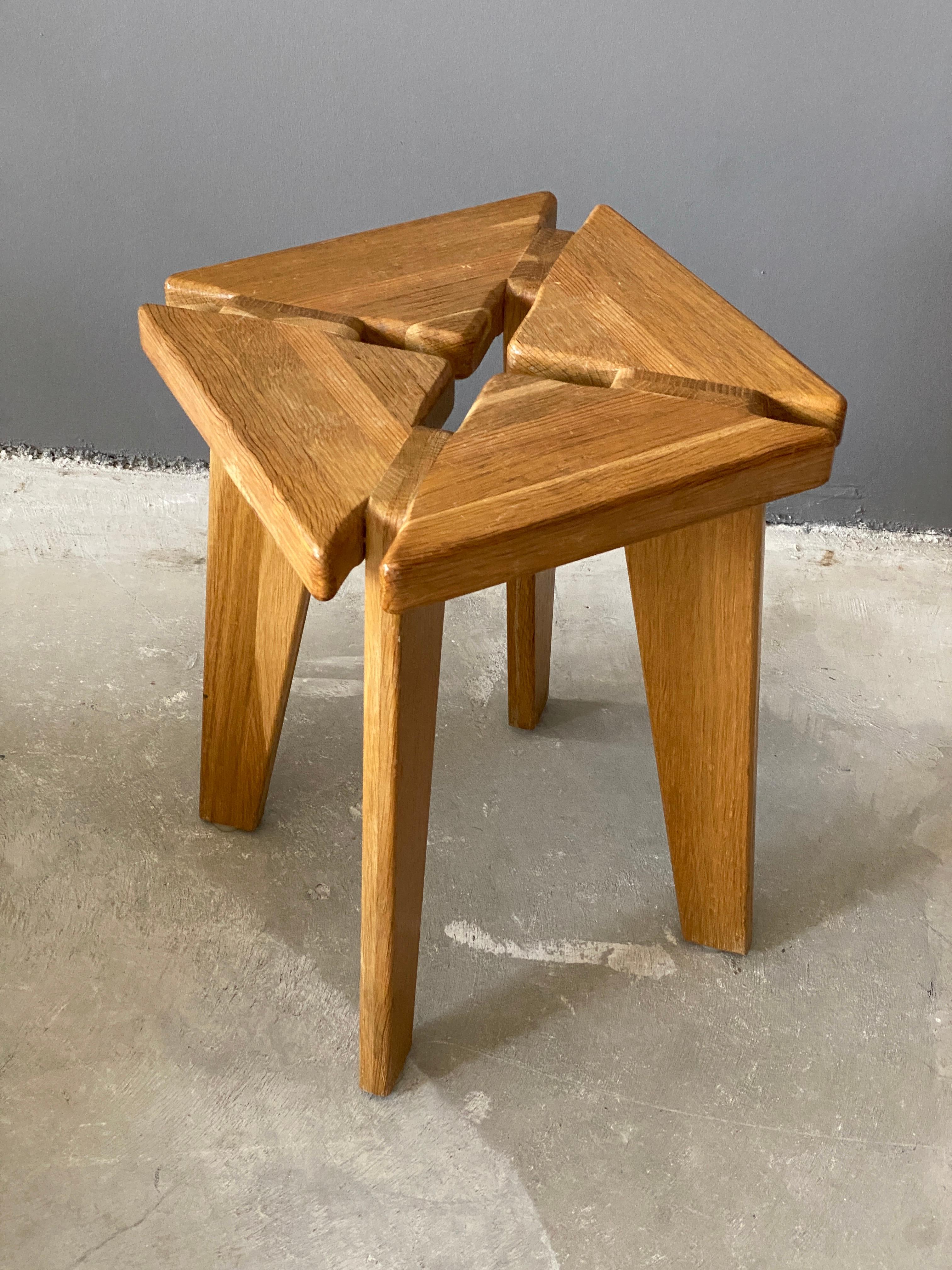 A handmade Minimalist stool, designed and produced in Sweden, 1970s. In finely sculpted solid pine. 

Other designers of the 20th century working in pine include Charlotte Perriand, Lisa-Johansson Pape, Pierre Chapo, and Axel Einar Hjorth.