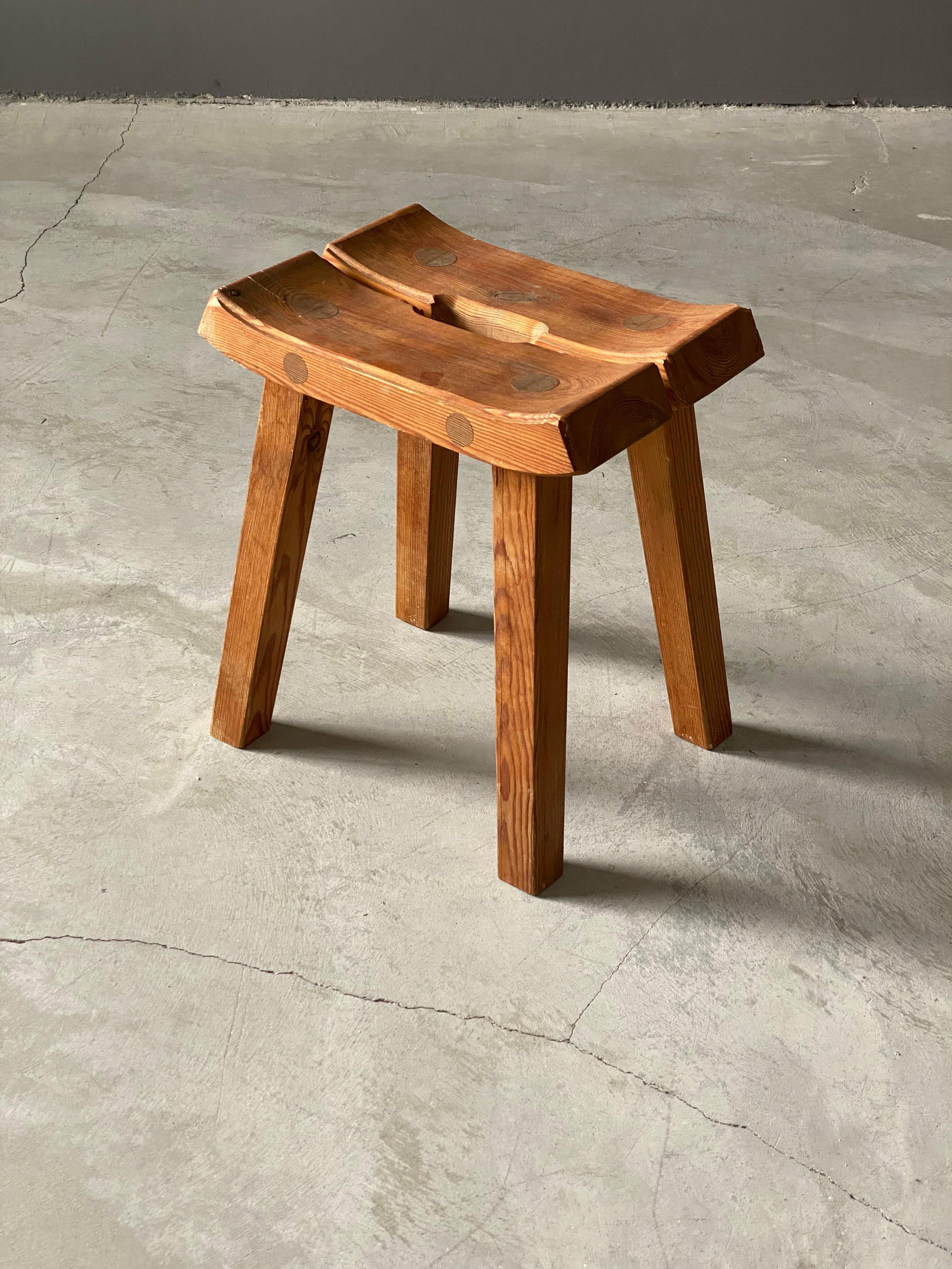 A handmade Minimalist stool, designed and produced in Sweden, 1970s. In solid pine. Features superb solid wood joinery 

Other designers of the 20th century working in pine include Charlotte Perriand, Lisa-Johansson Pape, Pierre Chapo, and Axel