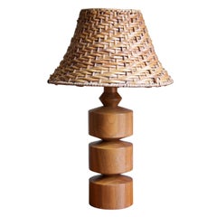 Swedish Designer, Minimalist Table Lamp, Solid Teak, Rattan, Sweden, 1950s